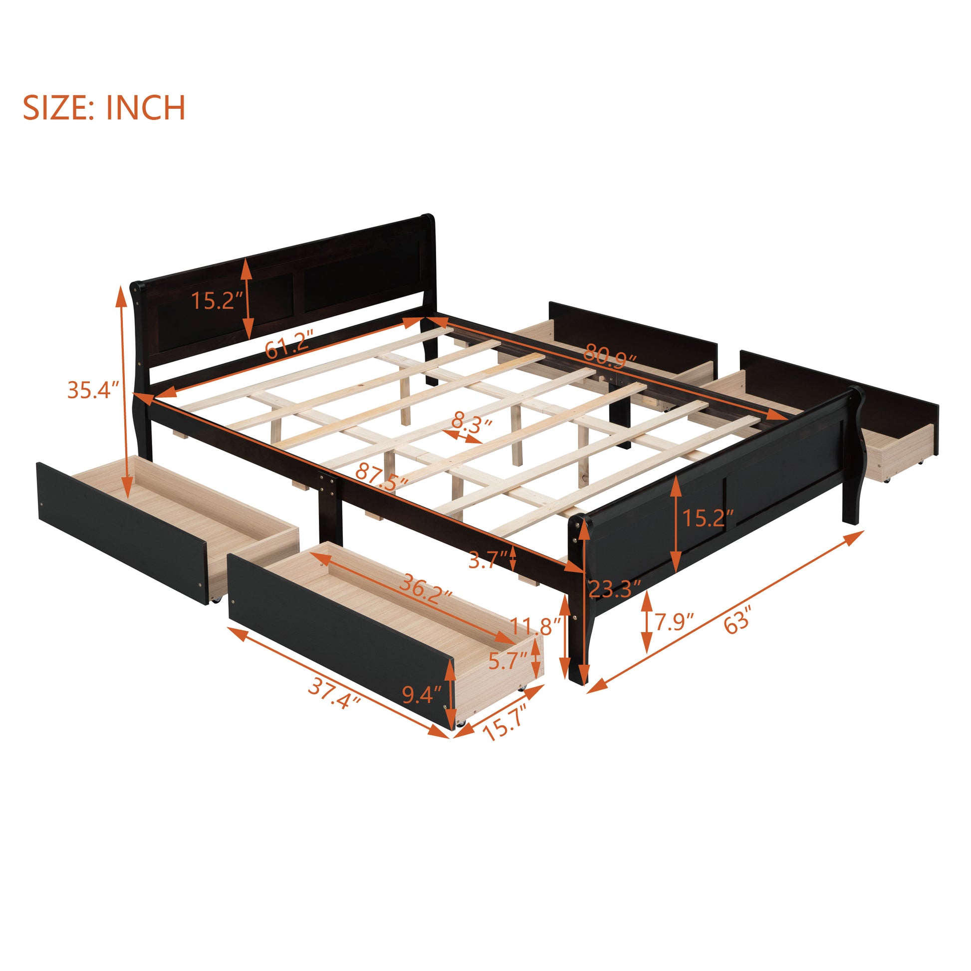 Queen Size Wood Platform Bed With 4 Drawers And Streamlined Headboard & Footboard, Espresso Queen Espresso Solid Wood Mdf