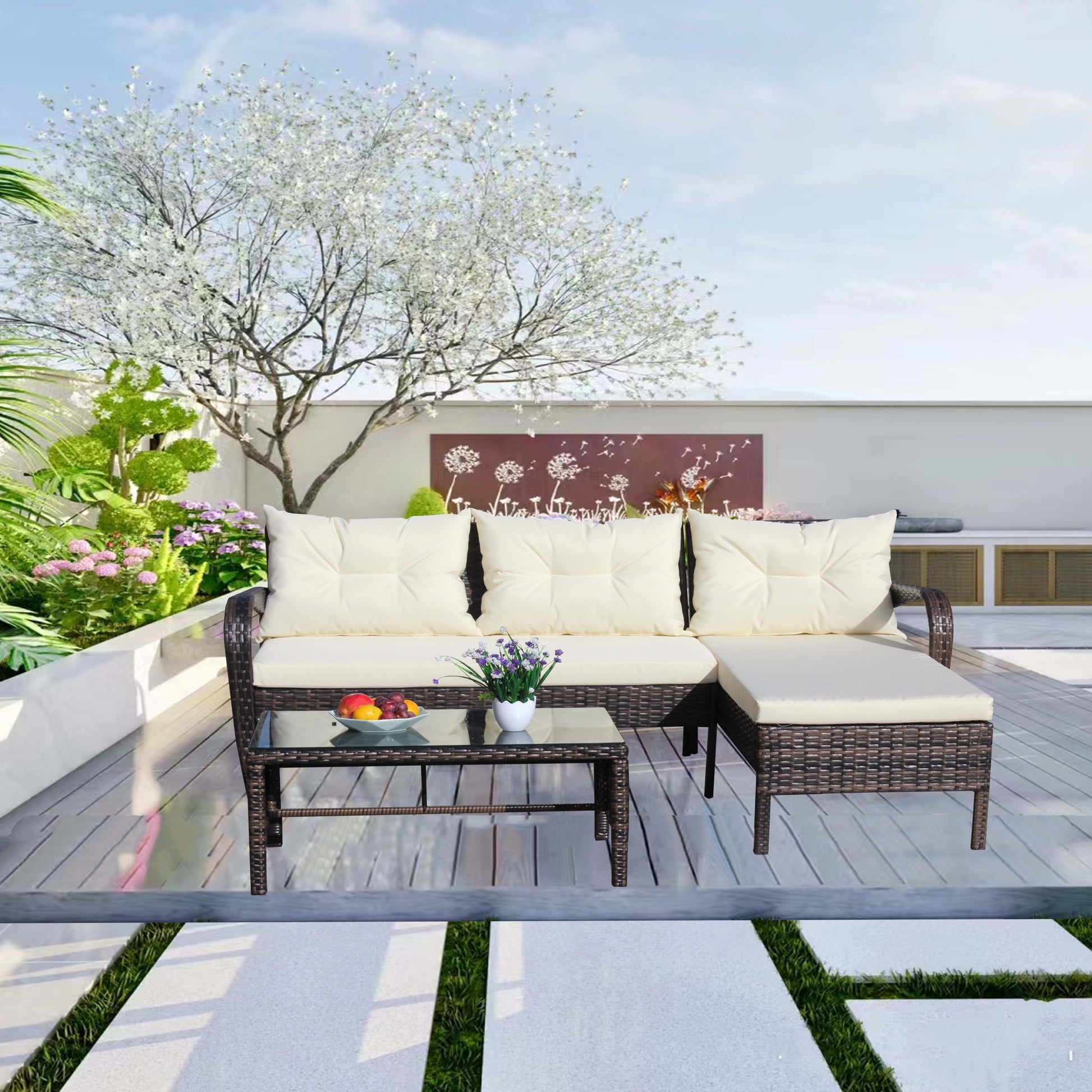 Outdoor Patio Furniture Sets 3 Piece Conversation Set Wicker Ratten Sectional Sofa With Seat Cushions Beige Cushion Brown Rattan