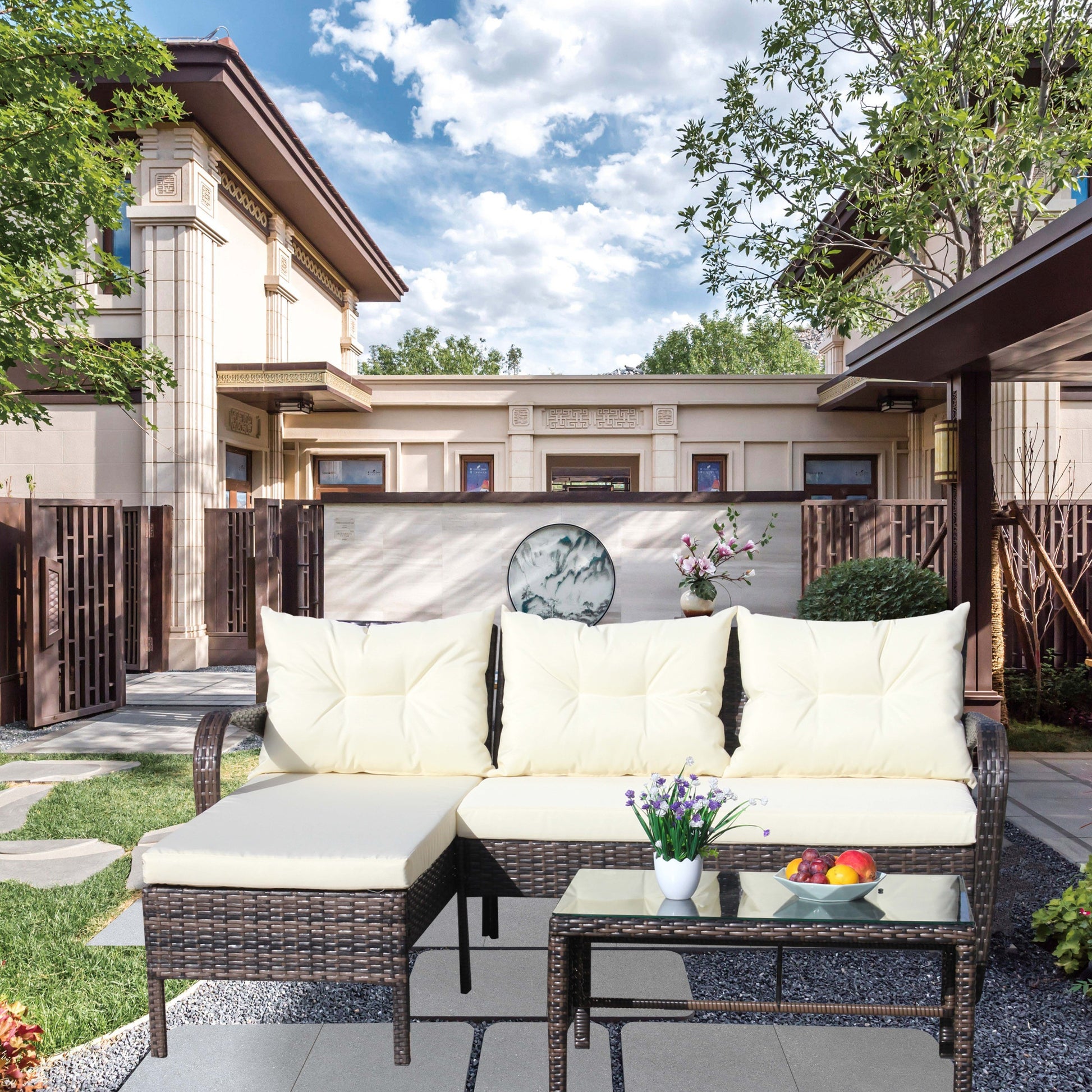 Outdoor Patio Furniture Sets 3 Piece Conversation Set Wicker Ratten Sectional Sofa With Seat Cushions Beige Cushion Brown Rattan