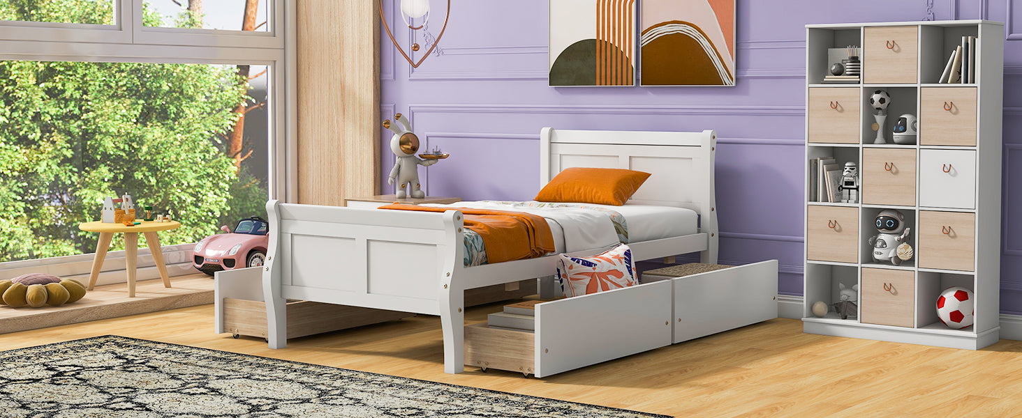 Twin Size Wood Platform Bed With 4 Drawers And Streamlined Headboard & Footboard, White White Solid Wood Mdf