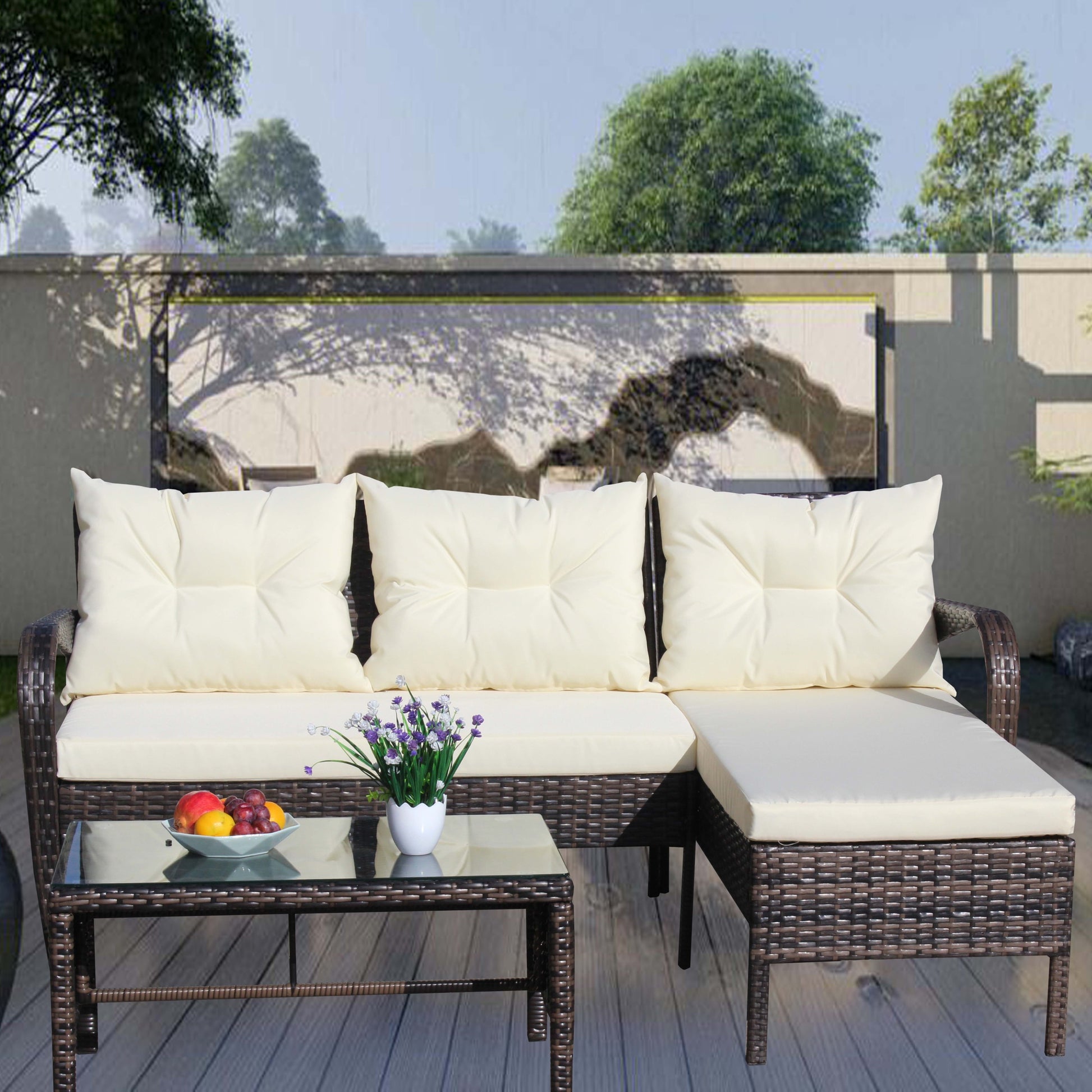 Outdoor Patio Furniture Sets 3 Piece Conversation Set Wicker Ratten Sectional Sofa With Seat Cushions Beige Cushion Brown Rattan