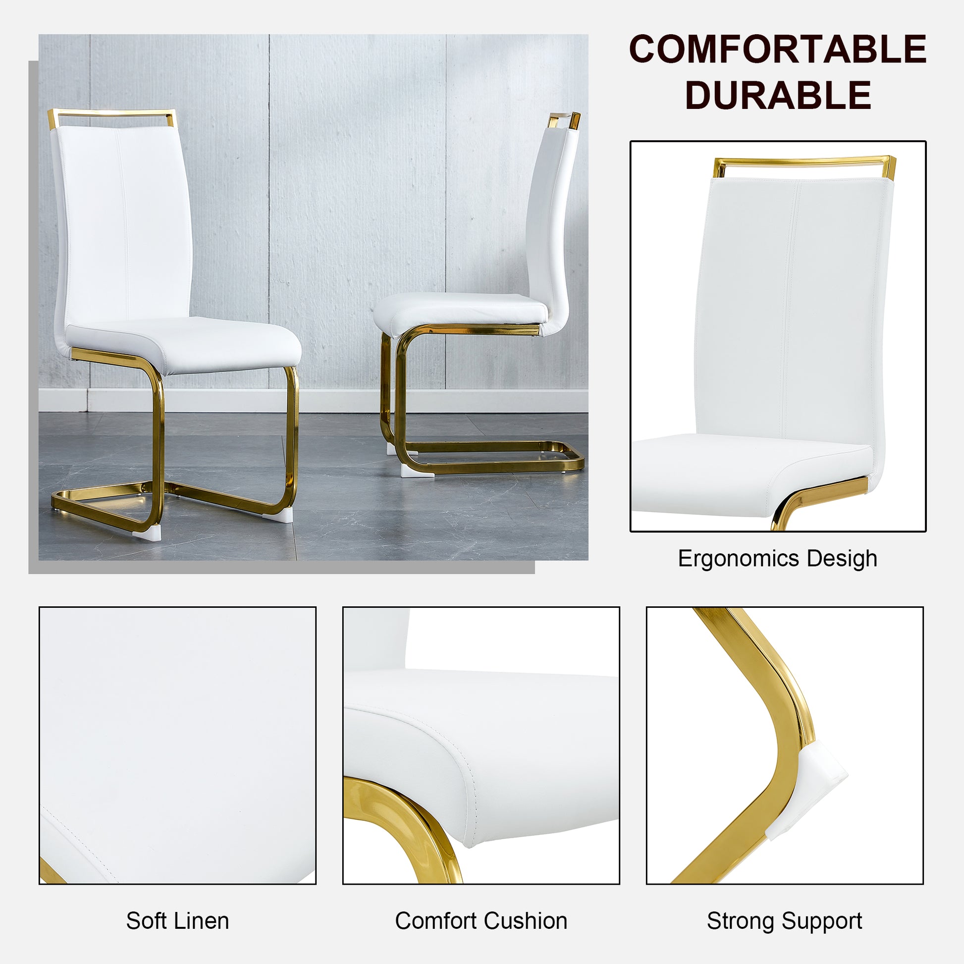 Table And Chair Set. 1 Table And 4 White Pu Backrest Cushions With Gold Metal Leg Chairs . A Rectangular White Imitation Marble Desktop With Mdf Legs And Gold Metal Decorative Strips. Hh1162 White Mdf Glass