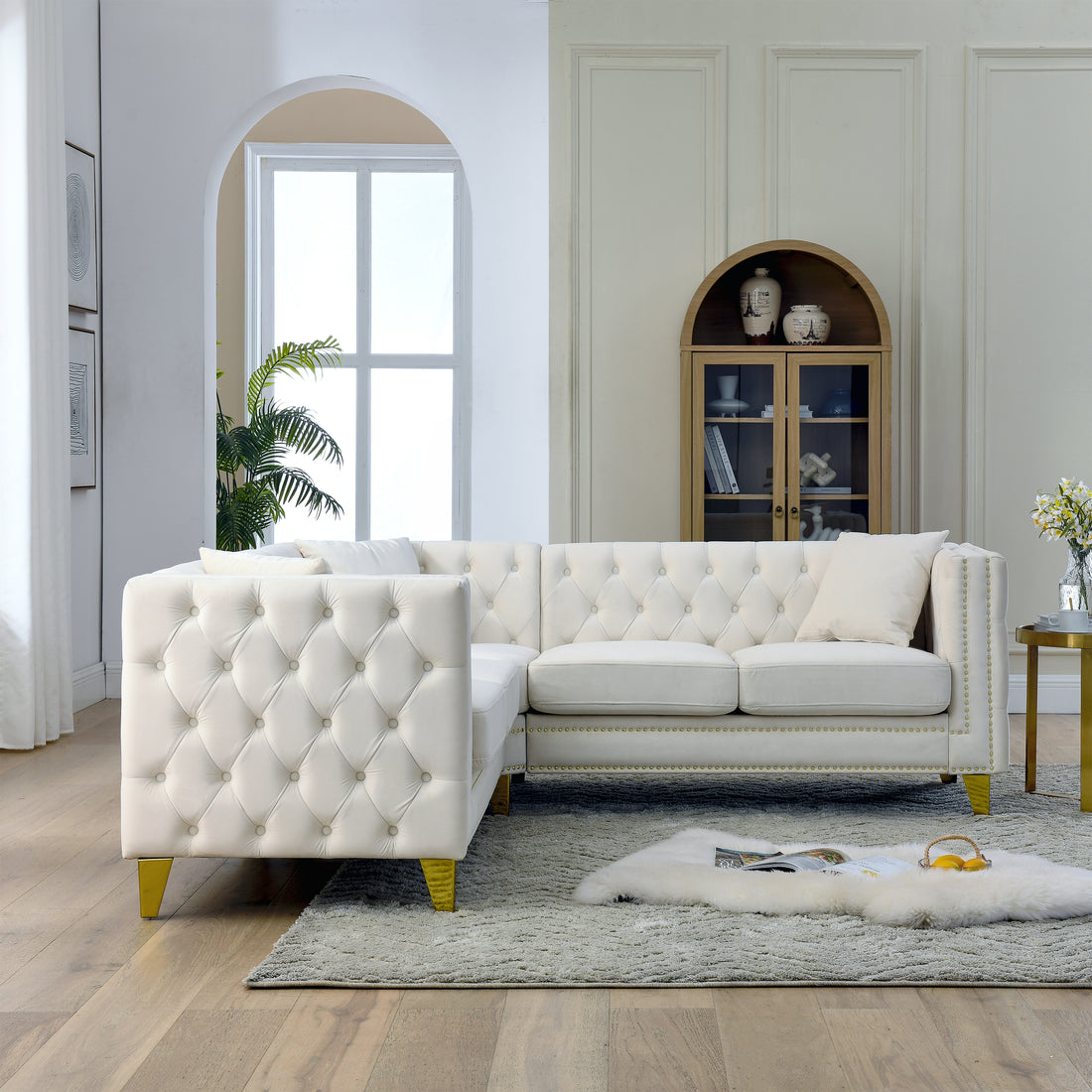 82.2 Inch Velvet Corner Sofa, L Shaped Sectional Couch, 5 Seater Corner Sofas With 3 Cushions For Living Room, Bedroom, Apartment, Office Beige Foam Velvet