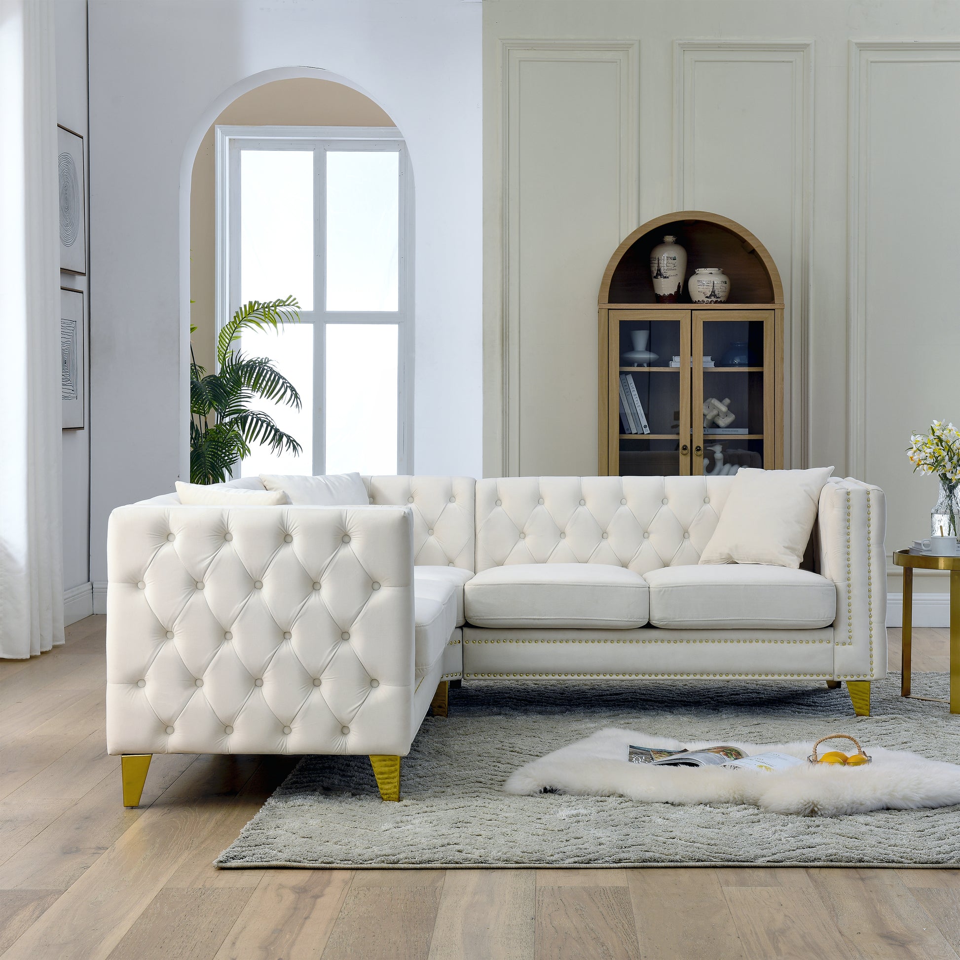 82.2 Inch Velvet Corner Sofa, L Shaped Sectional Couch, 5 Seater Corner Sofas With 3 Cushions For Living Room, Bedroom, Apartment, Office Beige Foam Velvet