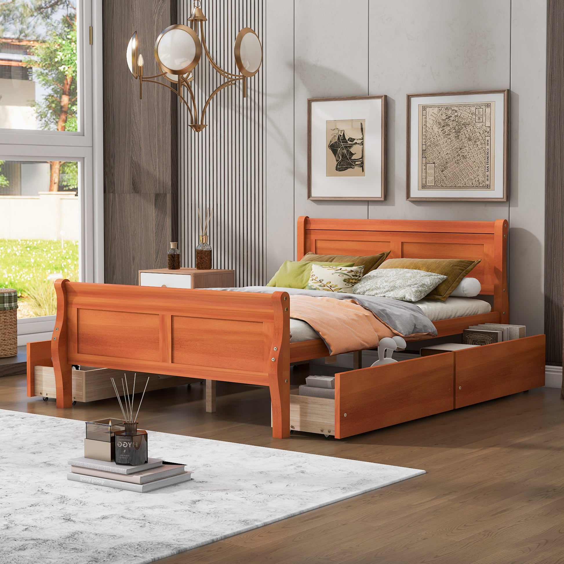 Full Size Wood Platform Bed With 4 Drawers And Streamlined Headboard & Footboard, Oak Oak Solid Wood Mdf