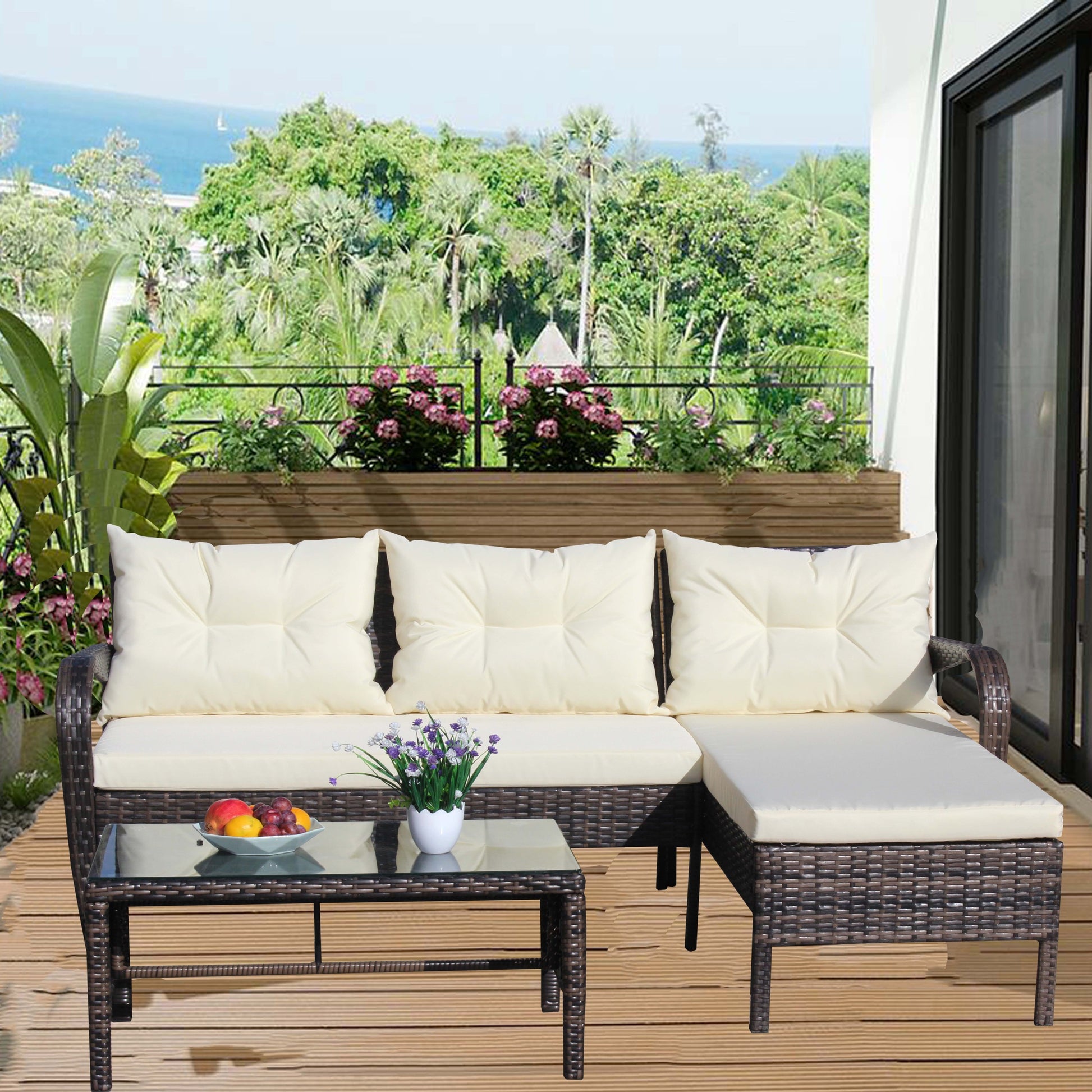 Outdoor Patio Furniture Sets 3 Piece Conversation Set Wicker Ratten Sectional Sofa With Seat Cushions Beige Cushion Brown Rattan