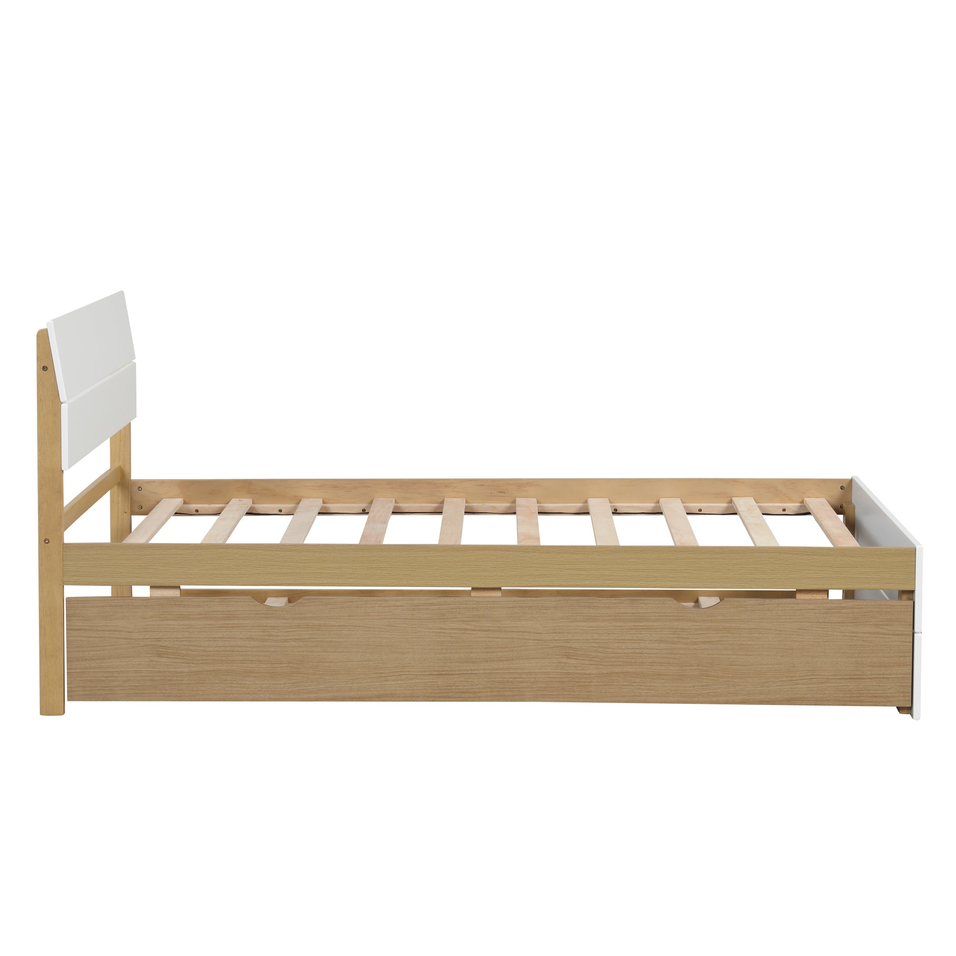 Modern Twin Bed Frame For White High Gloss Headboard And Footboard With Light Oak Trundle Twin White Light Oak Bedroom Mdf,Rubber Wood