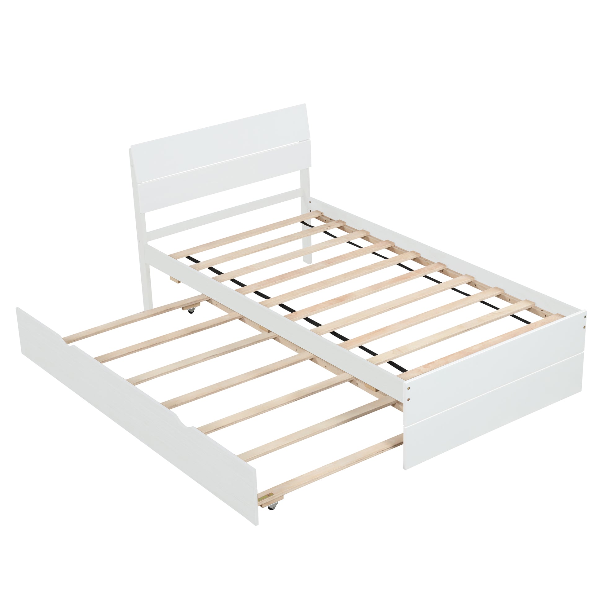 Modern Twin Bed Frame With Twin Trundle For White High Gloss Headboard And Footboard With Creamy White Color Twin Creamy White,White Bedroom Mdf,Rubber Wood