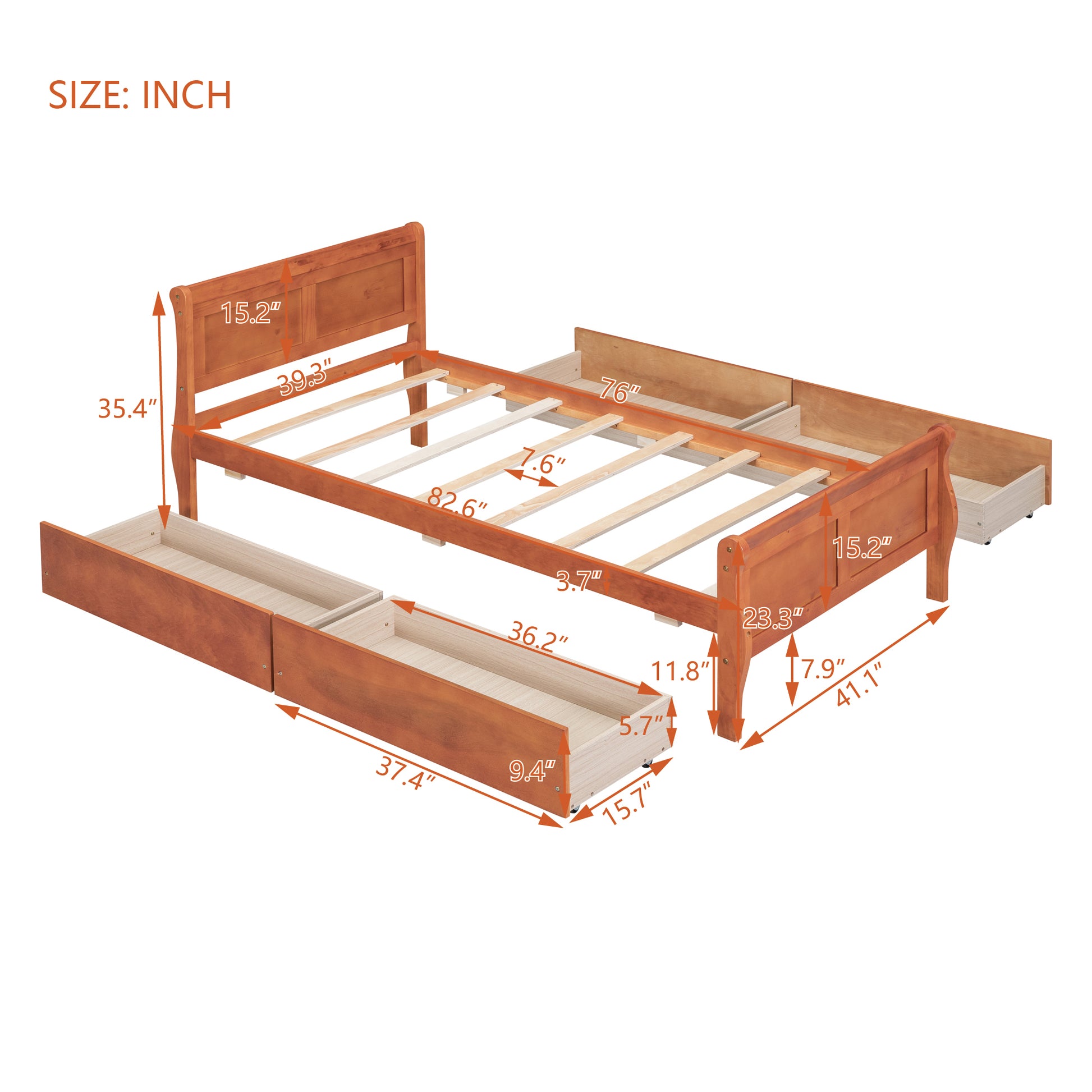 Twin Size Wood Platform Bed With 4 Drawers And Streamlined Headboard & Footboard, Oak Oak Solid Wood Mdf