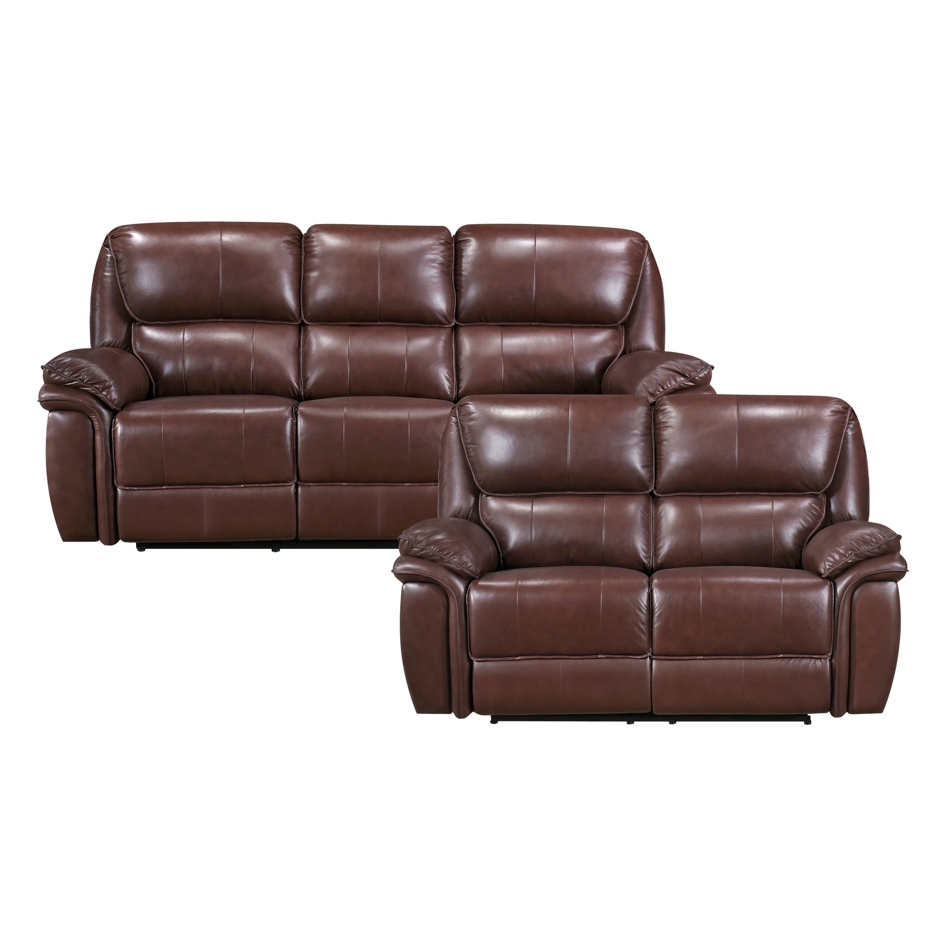 Double Reclining Sofa Brown Leather Luxurious Comfort Style Living Room Furniture 1Pc Brown Genuine Leather Wood Primary Living Space Modern,Transitional Pillow Top Arms Solid Wood