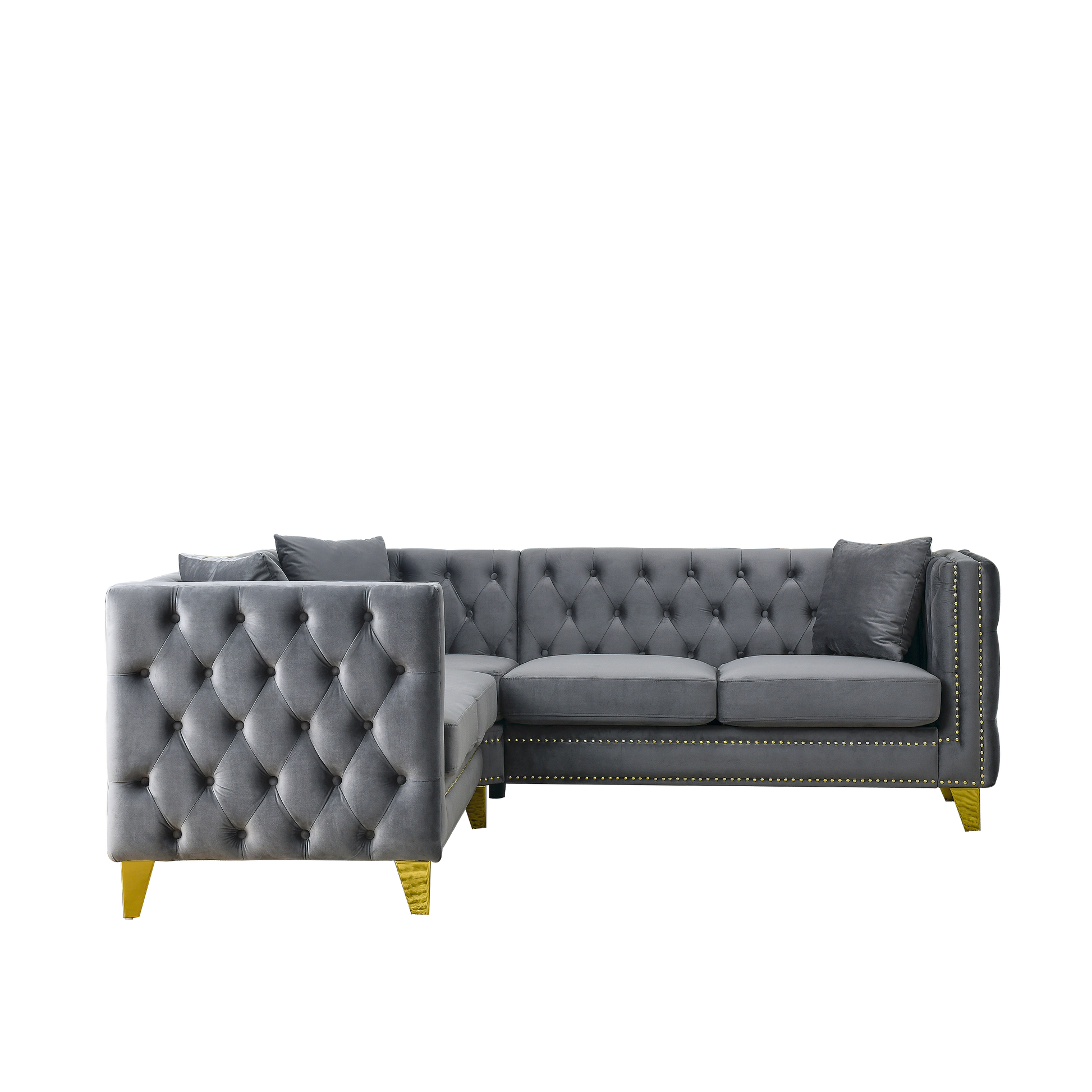 82.2 Inch Velvet Corner Sofal Shaped Sectional Couch, 5 Seater Corner Sofas With 3 Cushions For Living Room, Bedroom, Apartment, Office Gray Foam Velvet