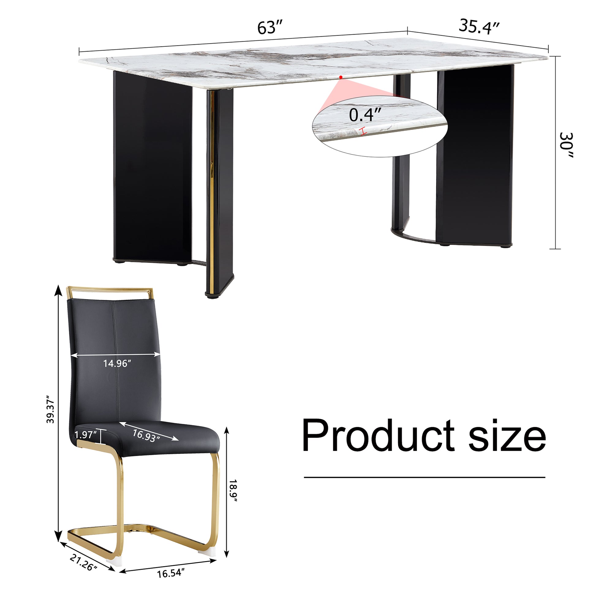 Table And Chair Set. 1 Table And 4 Black Pu Cushioned Golden Color Leg Chairs. White Imitation Marble Tabletop, Mdf Table Legs With Gold Metal Decorative Strips. Paired With 4 Pu Chairs. Hh1162 White Mdf Glass