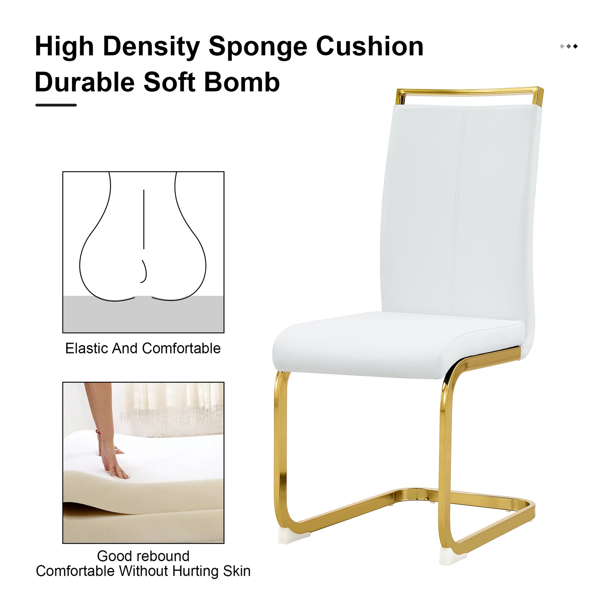 Table And Chair Set. 1 Table And 4 White Pu Backrest Cushions With Gold Metal Leg Chairs . A Rectangular White Imitation Marble Desktop With Mdf Legs And Gold Metal Decorative Strips. Hh1162 White Mdf Glass