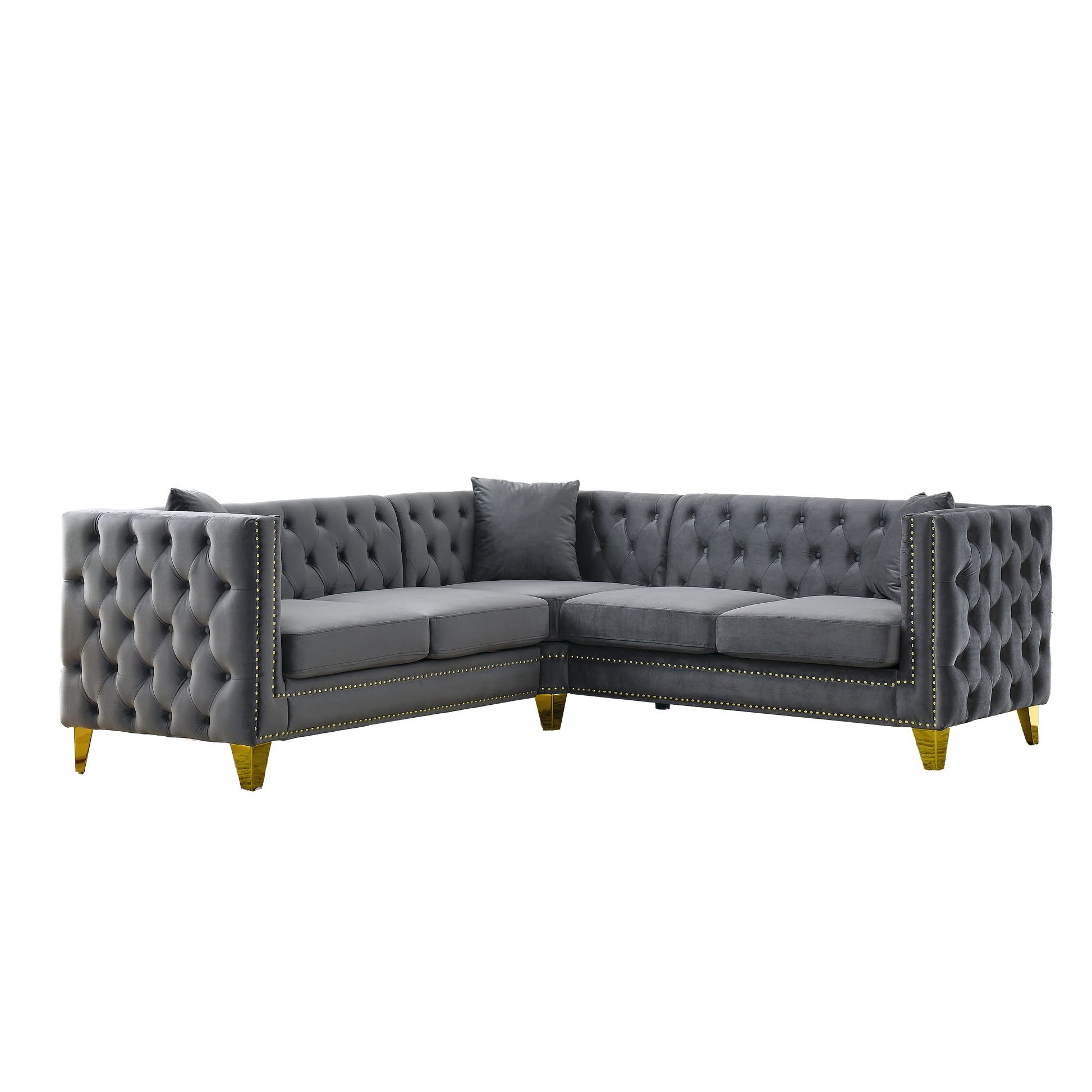82.2 Inch Velvet Corner Sofal Shaped Sectional Couch, 5 Seater Corner Sofas With 3 Cushions For Living Room, Bedroom, Apartment, Office Gray Foam Velvet