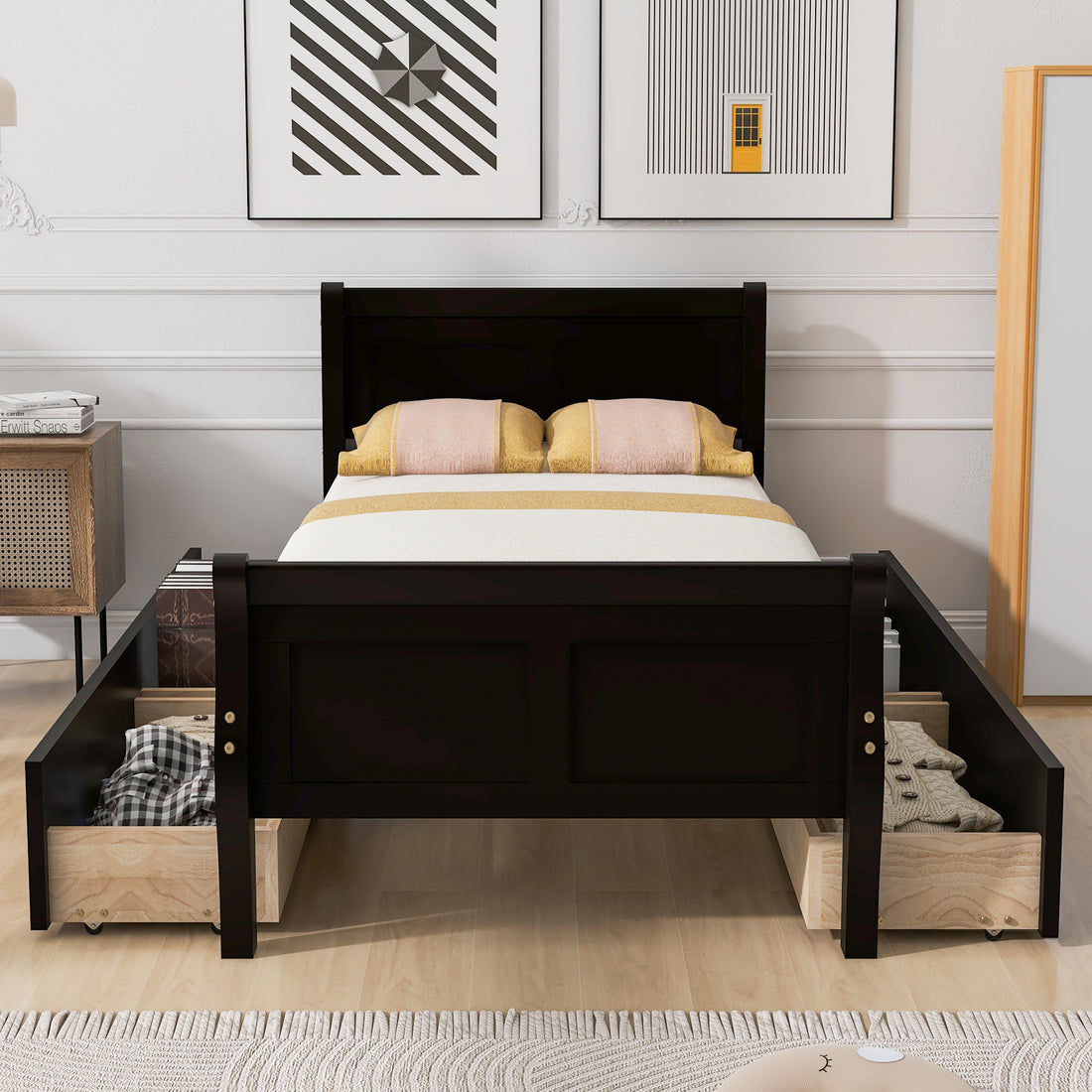 Twin Size Wood Platform Bed With 4 Drawers And Streamlined Headboard & Footboard, Espresso Espresso Solid Wood Mdf