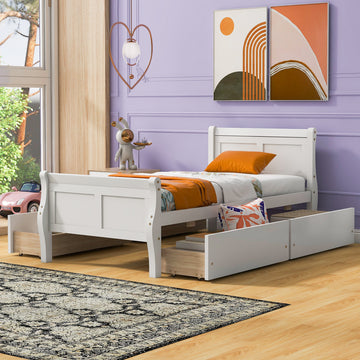 Twin Size Wood Platform Bed With 4 Drawers And Streamlined Headboard & Footboard, White White Solid Wood Mdf