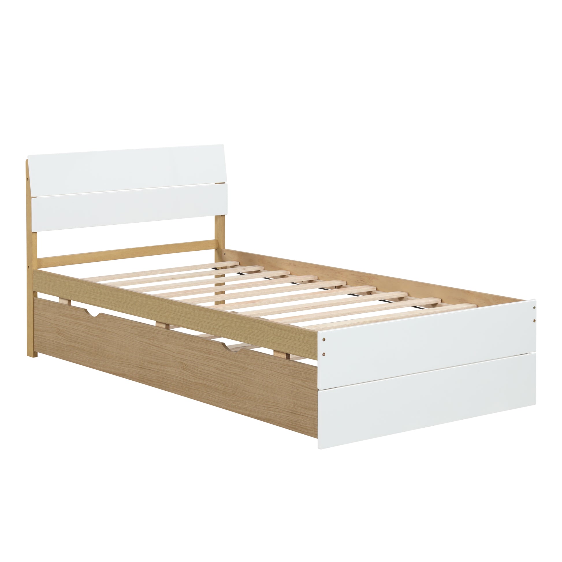 Modern Twin Bed Frame For White High Gloss Headboard And Footboard With Light Oak Trundle Twin White Light Oak Bedroom Mdf,Rubber Wood