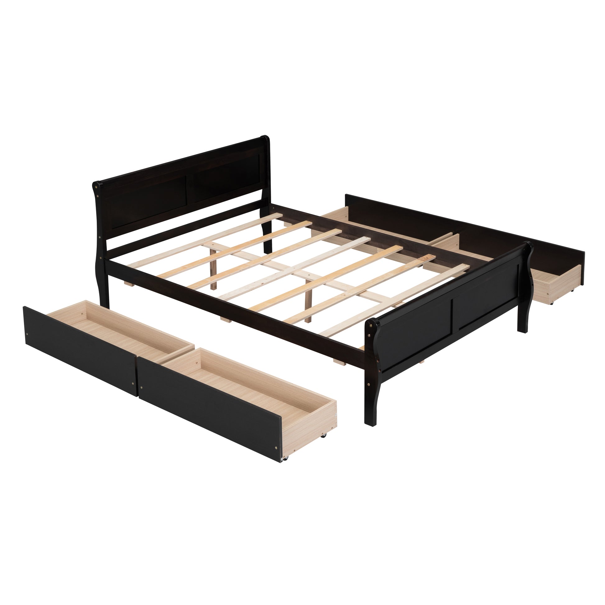 Full Size Wood Platform Bed With 4 Drawers And Streamlined Headboard & Footboard, Espresso Espresso Solid Wood Mdf