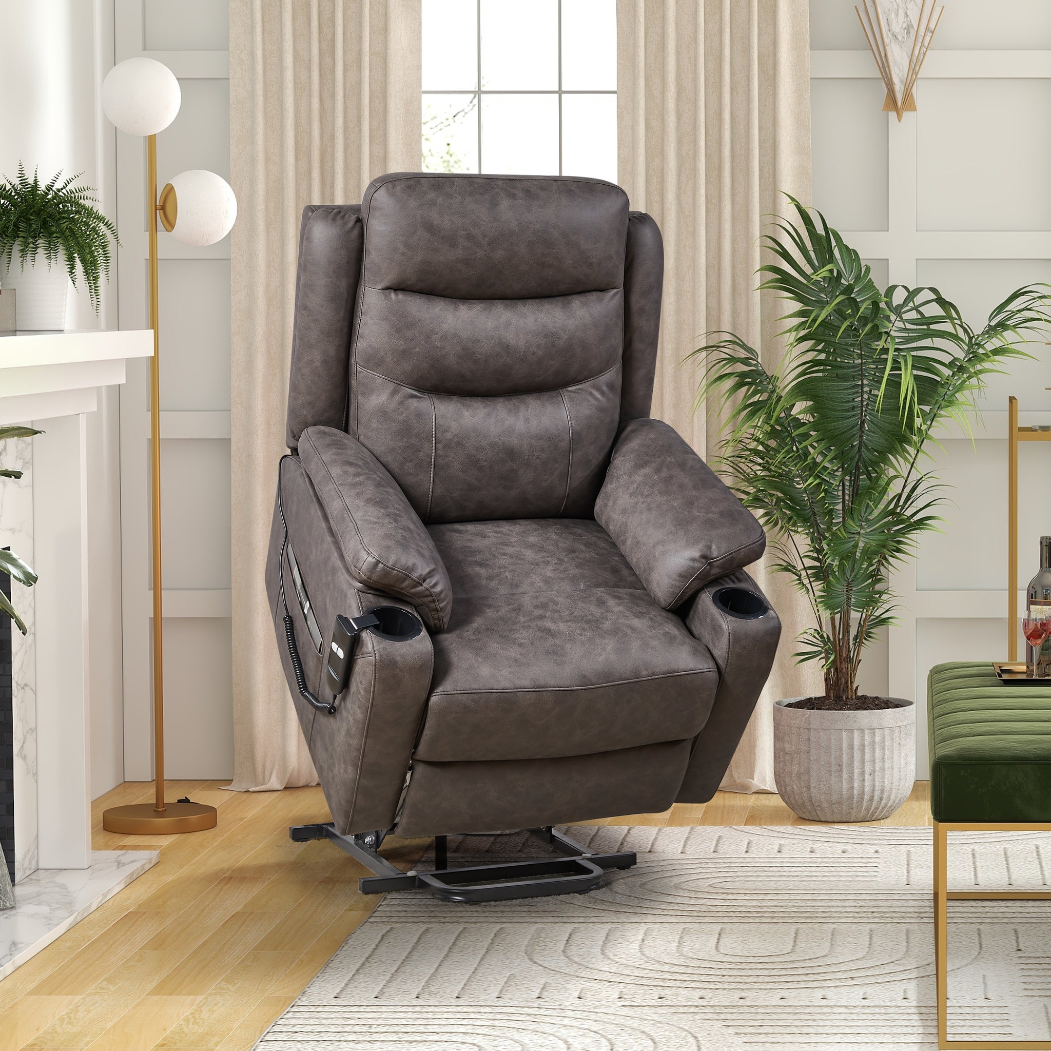 Liyasi Electric Power Lift Recliner Chair With 1 Motor, 3 Positions, 2 Side Pockets, Cup Holders,Suede Fabric Gray Power Remote Primary Living Space Medium Soft Eucalyptus Foam Fabric