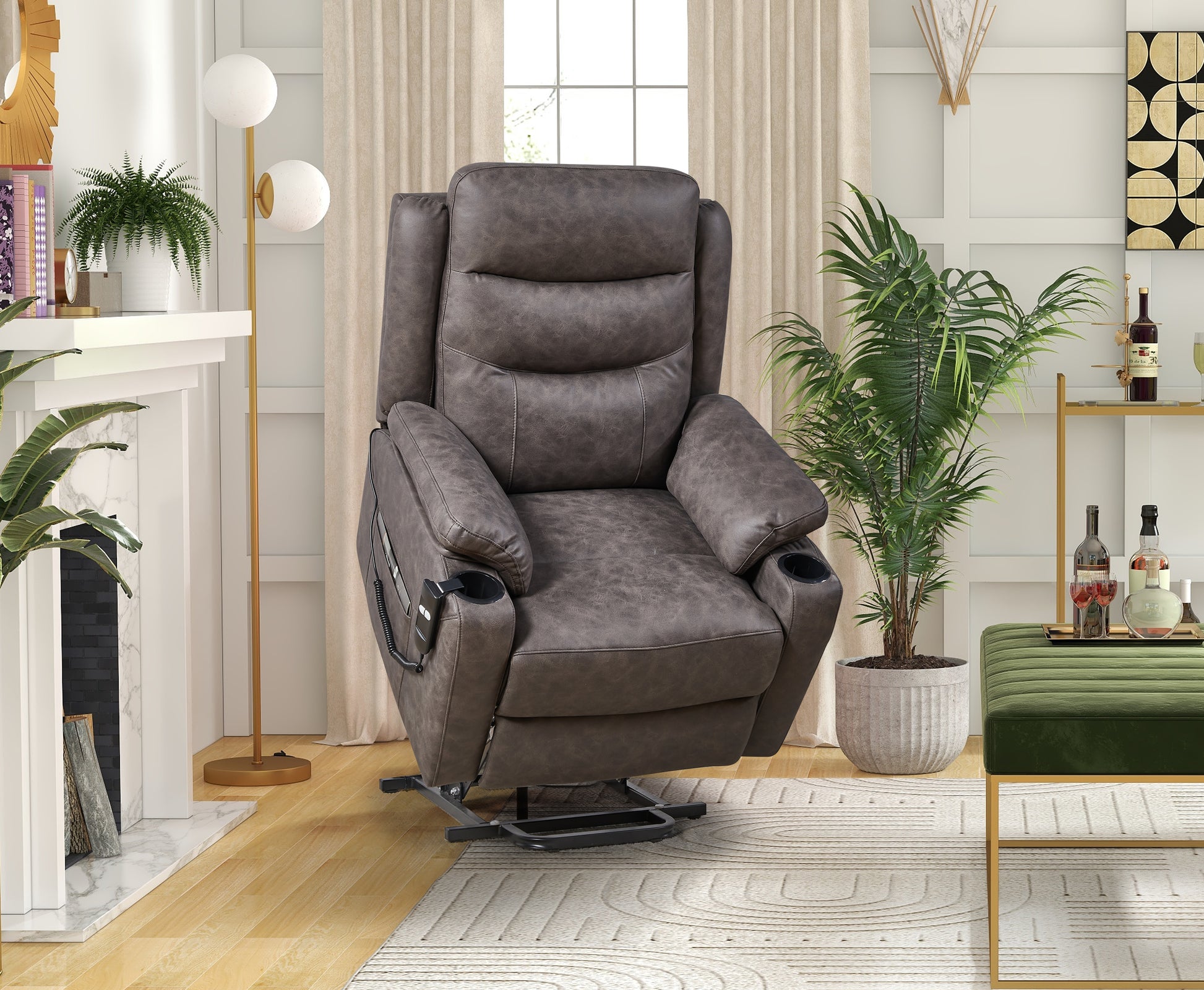 Liyasi Electric Power Lift Recliner Chair With 1 Motor, 3 Positions, 2 Side Pockets, Cup Holders,Suede Fabric Gray Power Remote Primary Living Space Medium Soft Eucalyptus Foam Fabric