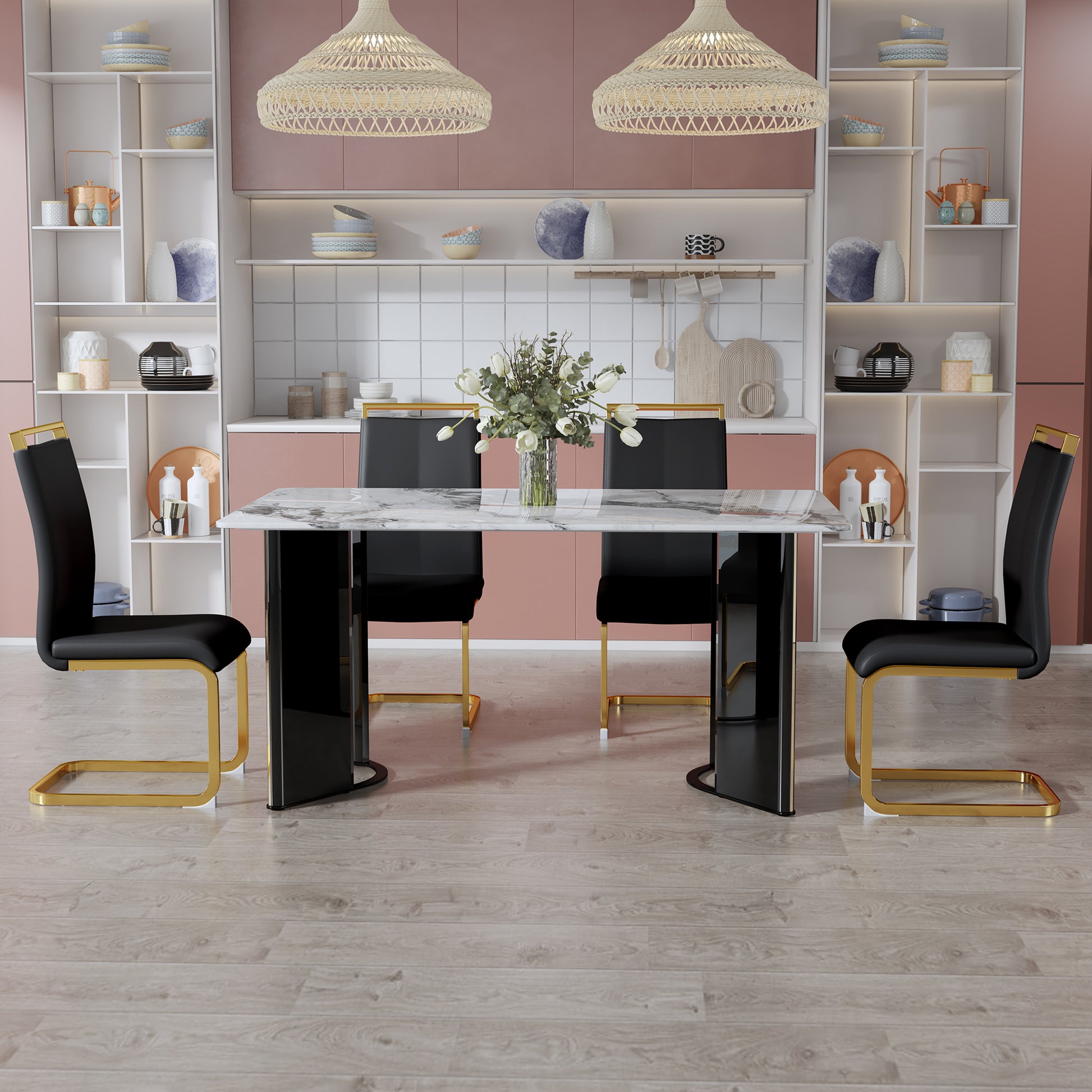 Table And Chair Set. 1 Table And 4 Black Pu Cushioned Golden Color Leg Chairs. White Imitation Marble Tabletop, Mdf Table Legs With Gold Metal Decorative Strips. Paired With 4 Pu Chairs. Hh1162 White Mdf Glass