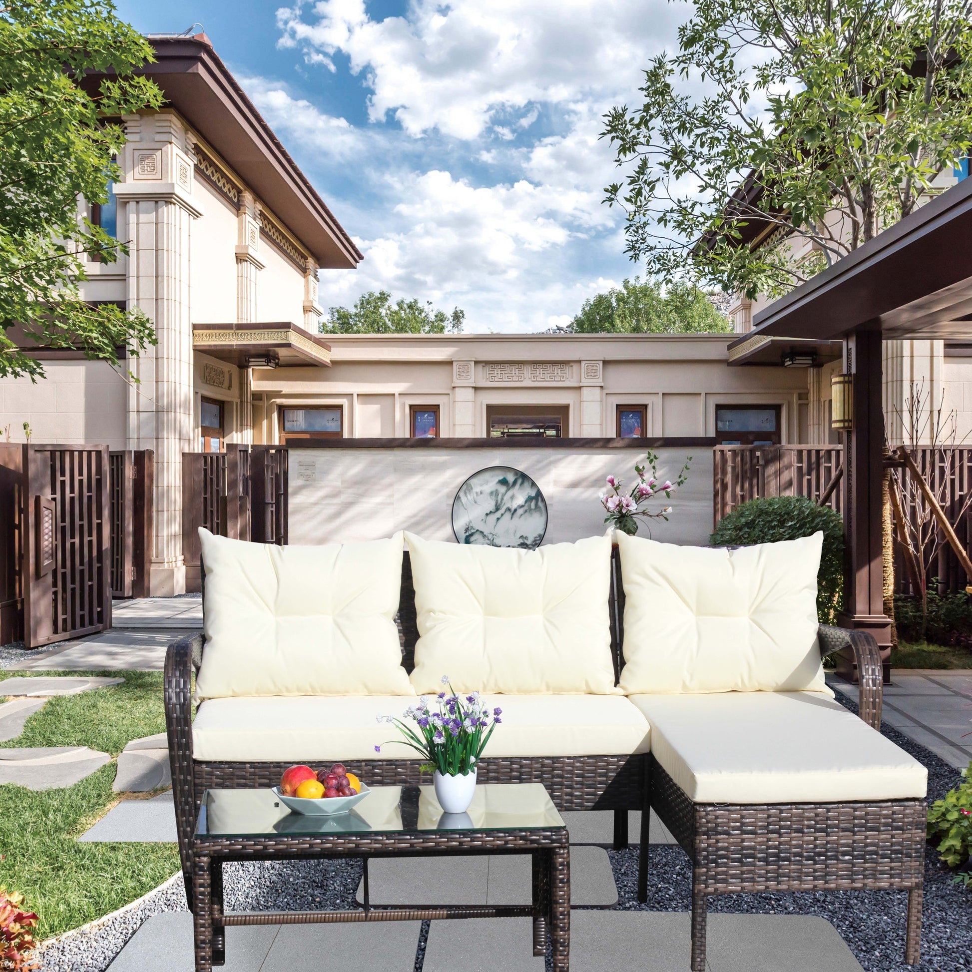 Outdoor Patio Furniture Sets 3 Piece Conversation Set Wicker Ratten Sectional Sofa With Seat Cushions Beige Cushion Brown Rattan