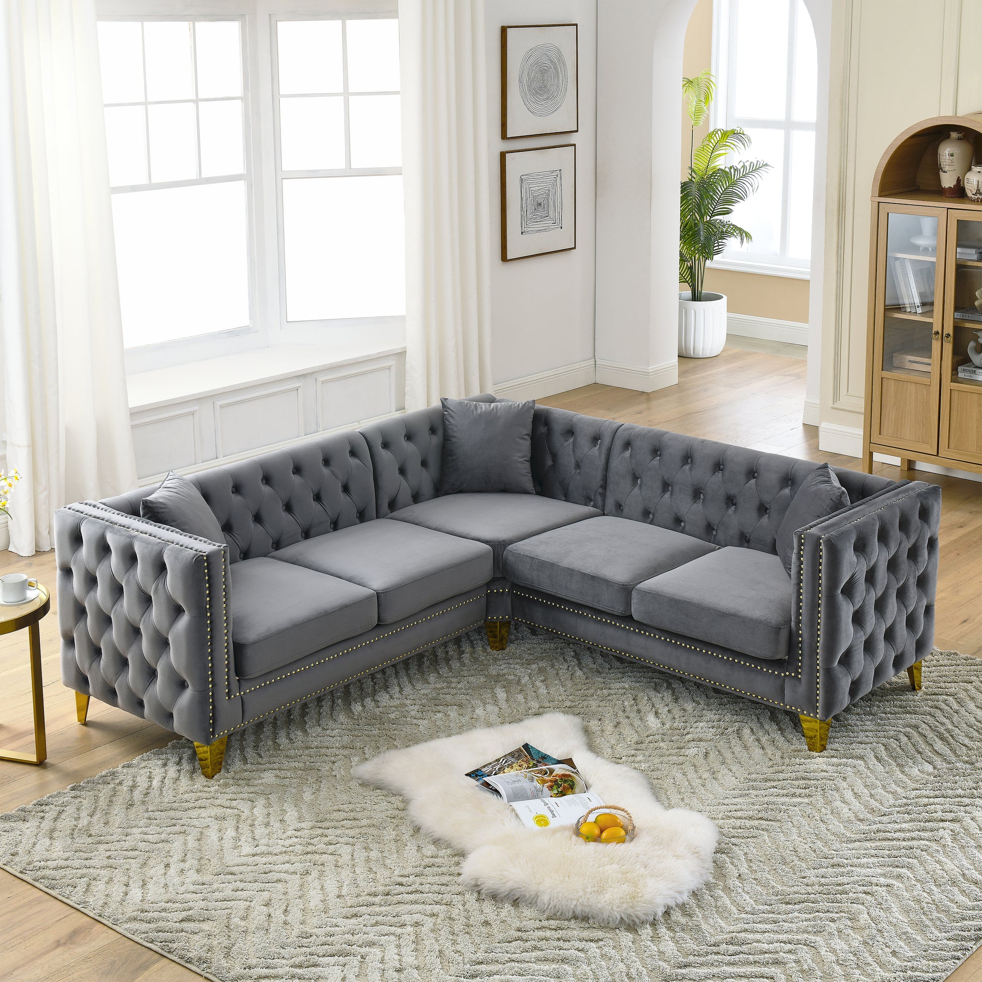 82.2 Inch Velvet Corner Sofal Shaped Sectional Couch, 5 Seater Corner Sofas With 3 Cushions For Living Room, Bedroom, Apartment, Office Gray Foam Velvet