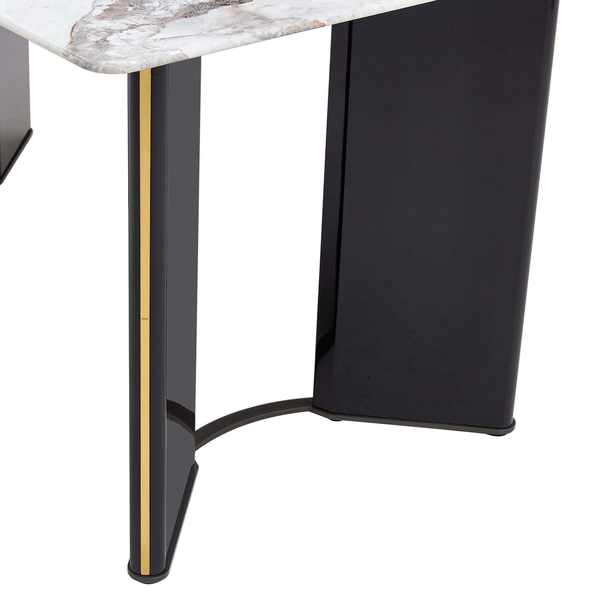 Table And Chair Set. 1 Table And 4 White Pu Backrest Cushions With Gold Metal Leg Chairs . A Rectangular White Imitation Marble Desktop With Mdf Legs And Gold Metal Decorative Strips. Hh1162 White Mdf Glass