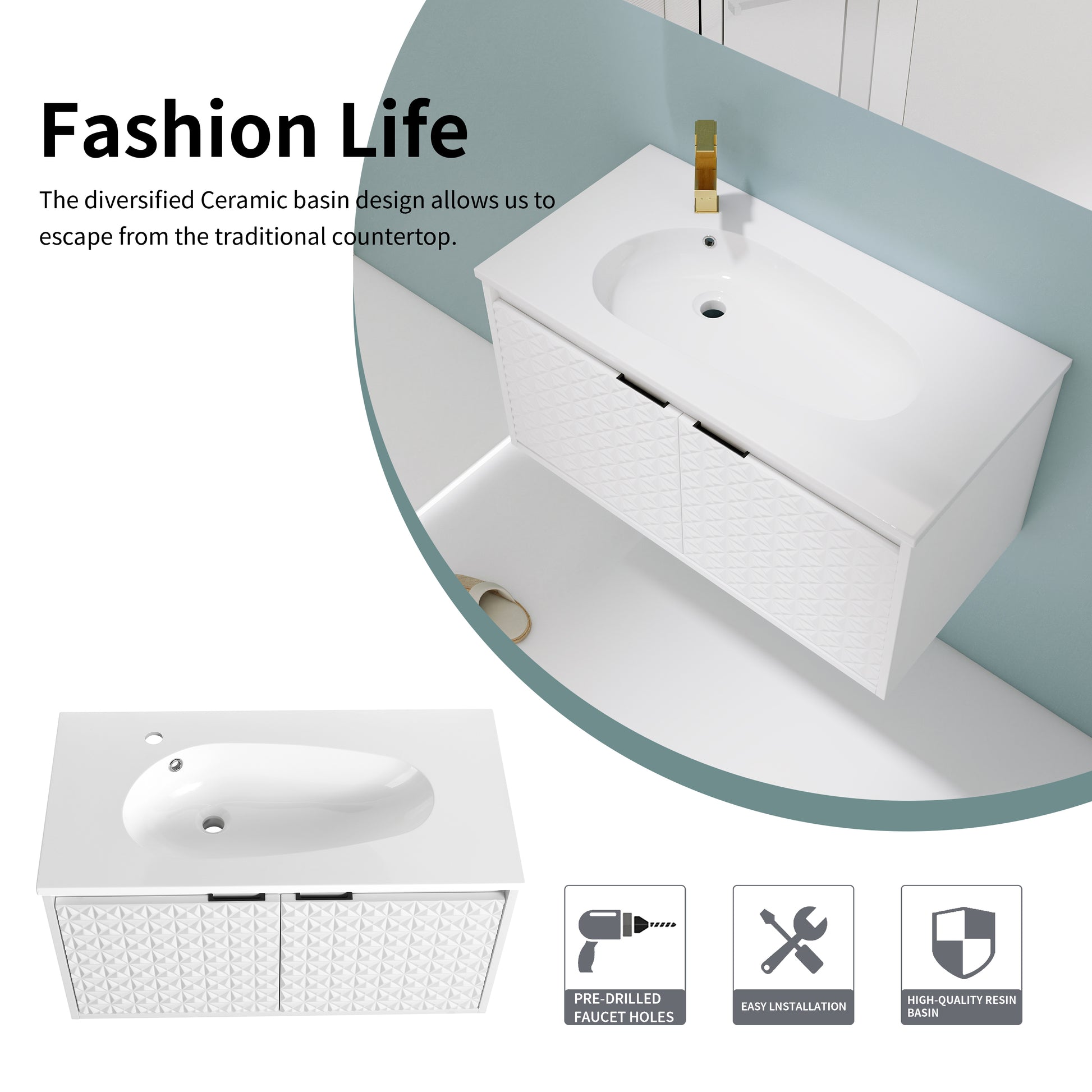 36 Inch Wall Mounted Bathroom Vanity With Sink, Soft Close Doors Kd Packing White 2 Bathroom Wall Mounted Modern Plywood