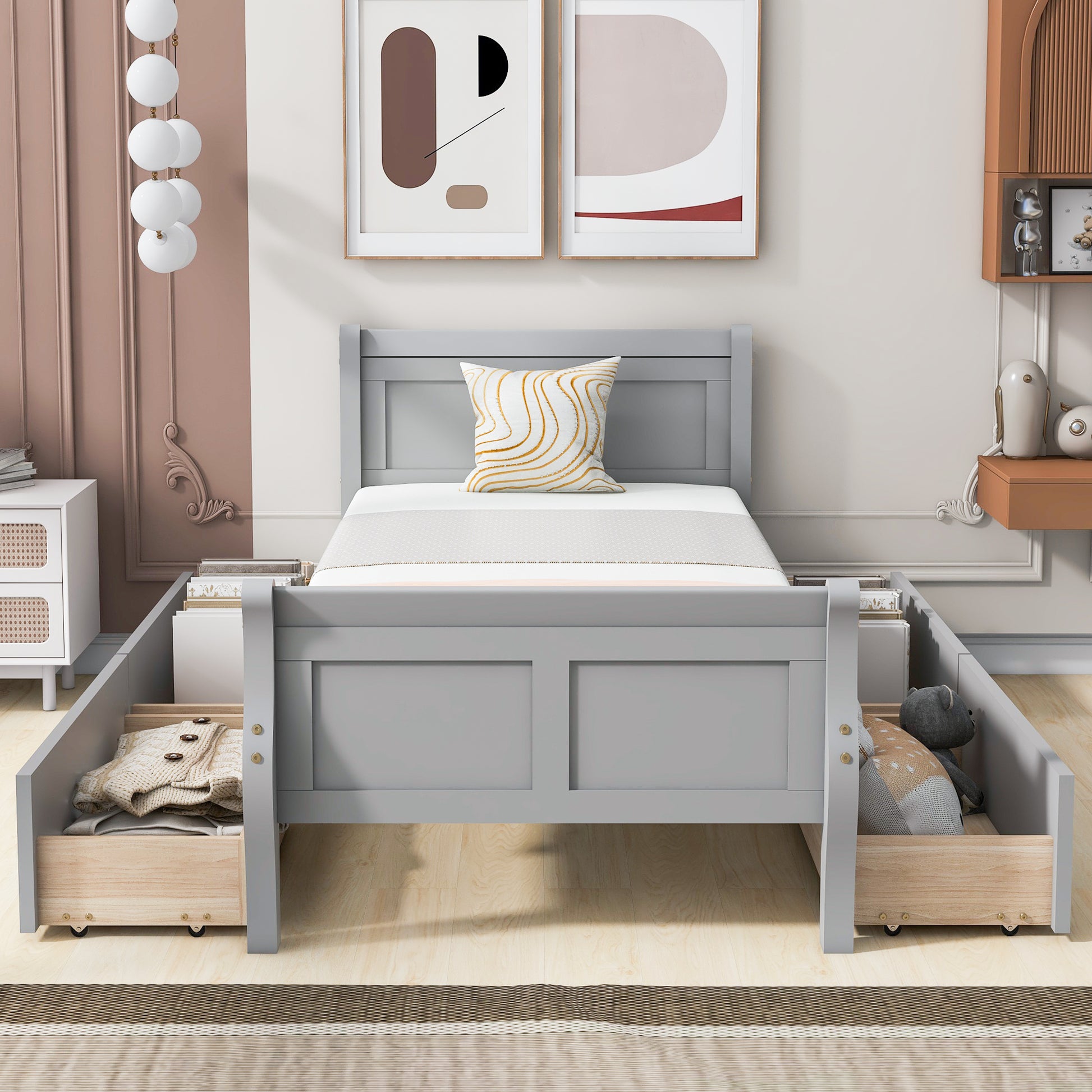 Twin Size Wood Platform Bed With 4 Drawers And Streamlined Headboard & Footboard, Gray Gray Solid Wood Mdf