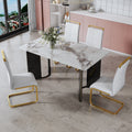 Table And Chair Set. 1 Table And 4 White Pu Backrest Cushions With Gold Metal Leg Chairs . A Rectangular White Imitation Marble Desktop With Mdf Legs And Gold Metal Decorative Strips. Hh1162 White Mdf Glass