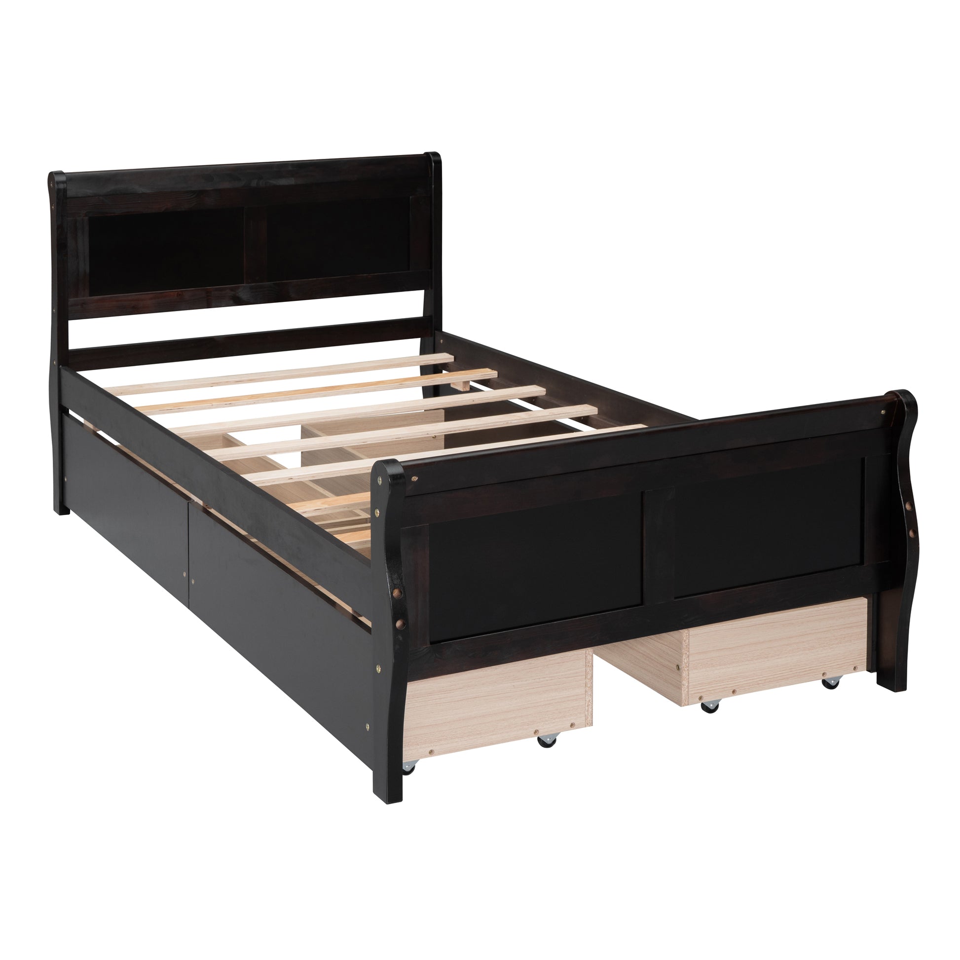 Twin Size Wood Platform Bed With 4 Drawers And Streamlined Headboard & Footboard, Espresso Espresso Solid Wood Mdf