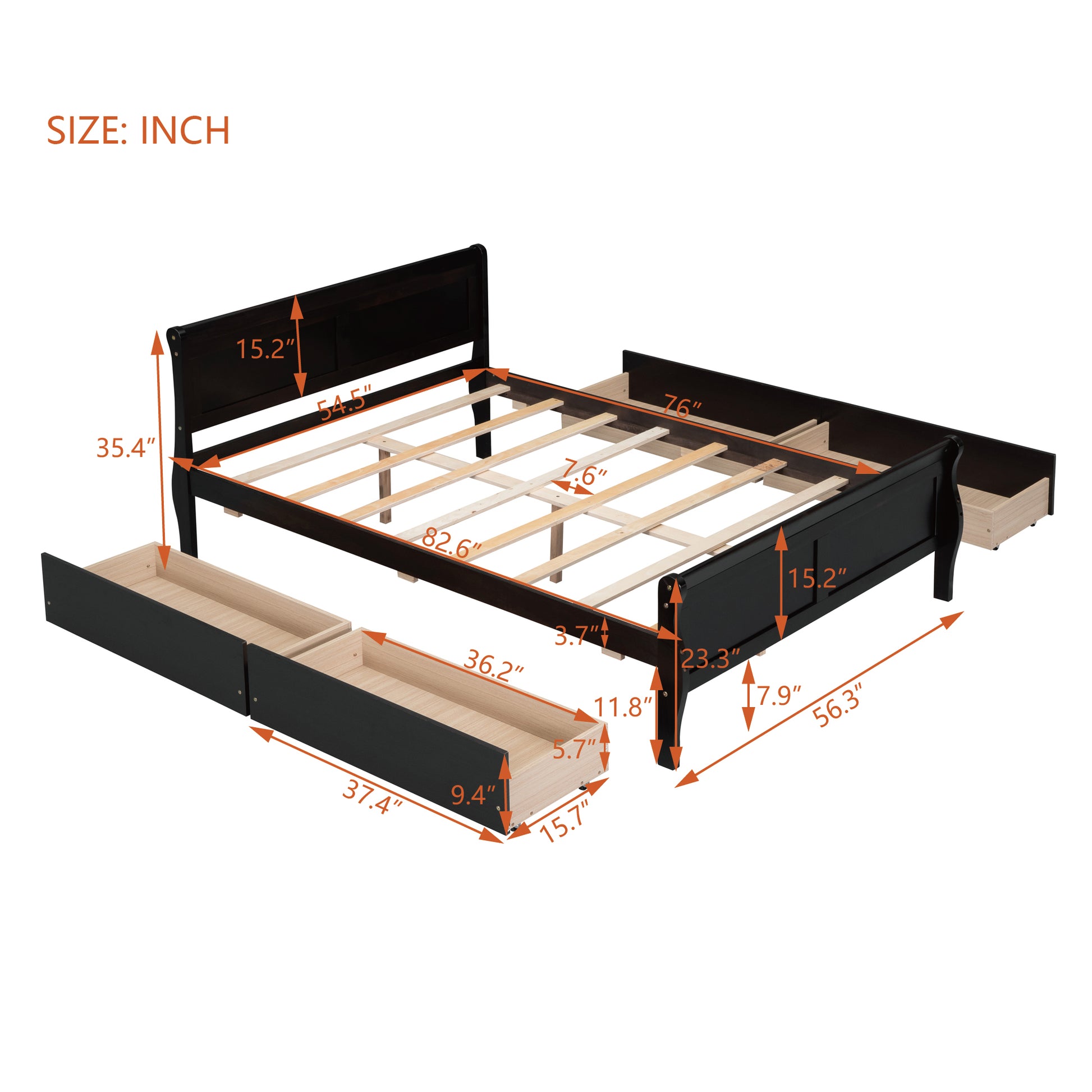 Full Size Wood Platform Bed With 4 Drawers And Streamlined Headboard & Footboard, Espresso Espresso Solid Wood Mdf