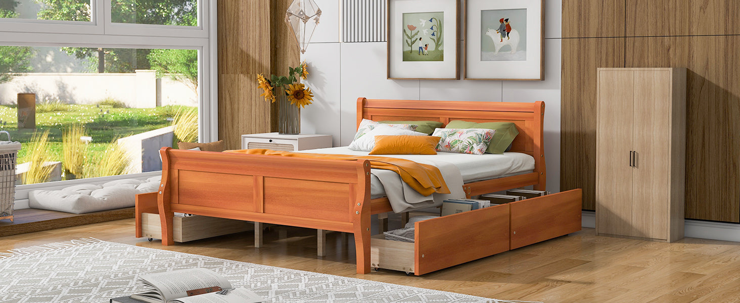 Queen Size Wood Platform Bed With 4 Drawers And Streamlined Headboard & Footboard, Oak Queen Oak Solid Wood Mdf