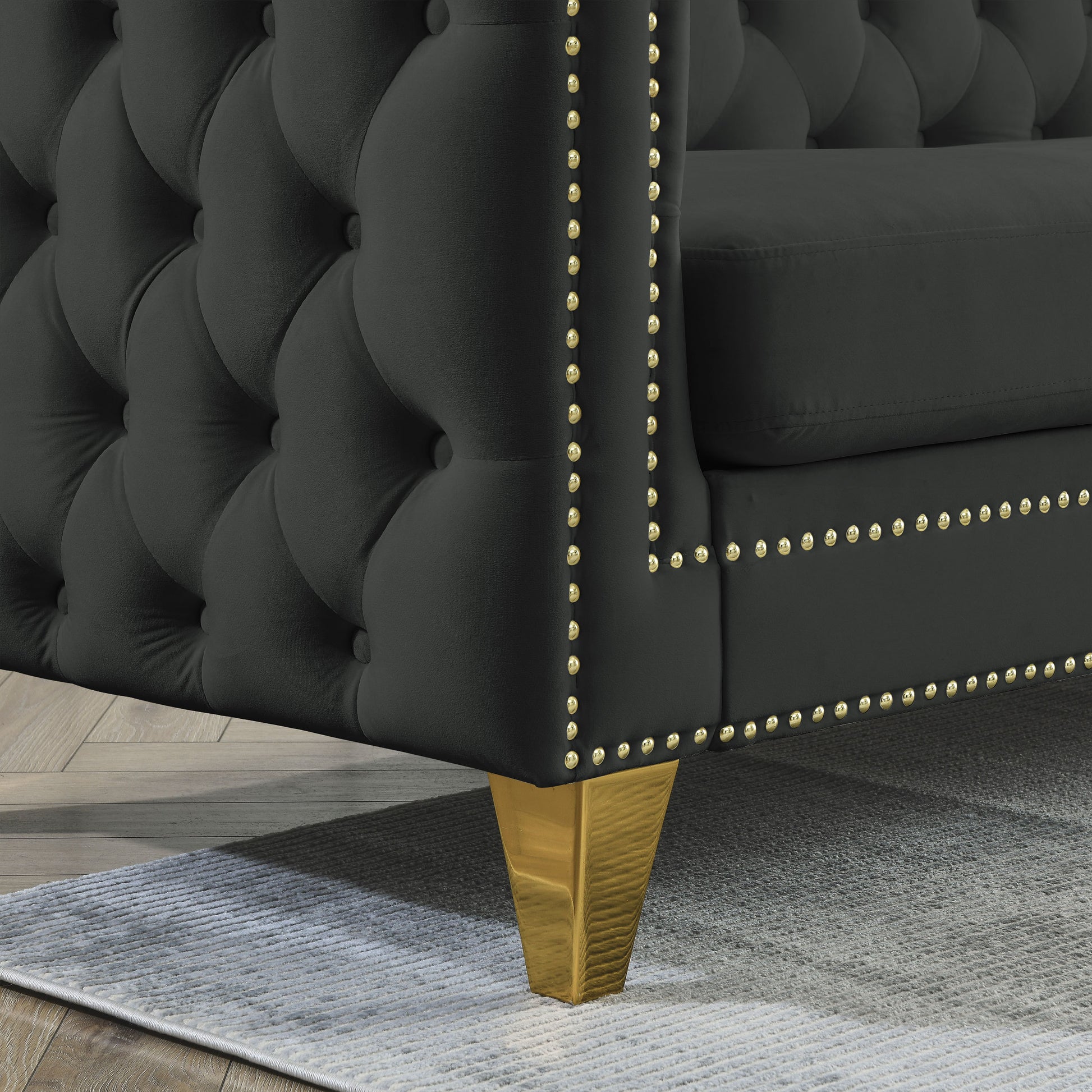 82.2 Inch Velvet Corner Sofa, L Shaped Sectional Couch, 5 Seater Corner Sofas With 3 Cushions For Living Room, Bedroom, Apartment, Office Black Foam Velvet