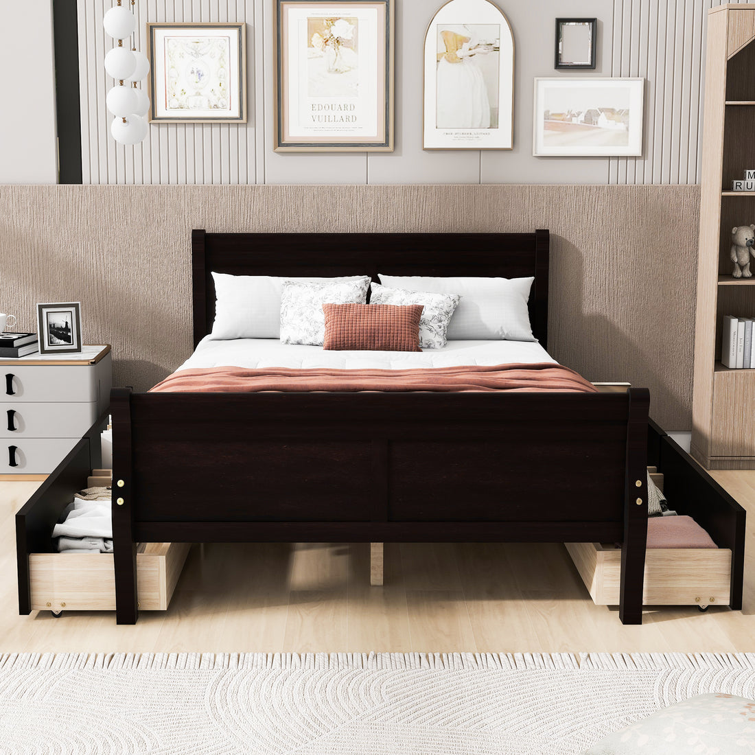 Full Size Wood Platform Bed With 4 Drawers And Streamlined Headboard & Footboard, Espresso Espresso Solid Wood Mdf