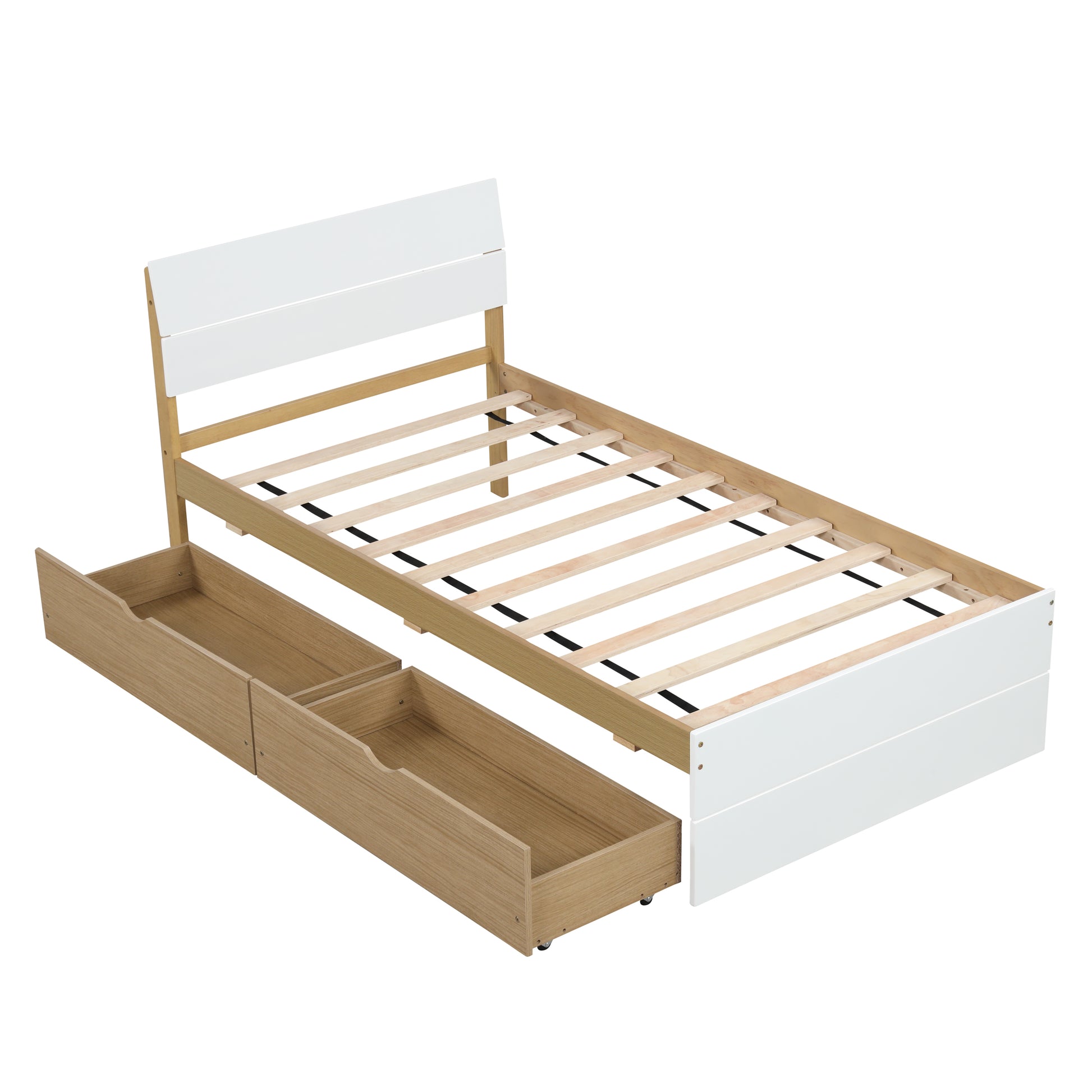 Modern Twin Bed Frame With 2 Drawers For White High Gloss Headboard And Footboard With Light Oak Color Box Spring Not Required Twin White Light Oak Bedroom Bed Frame Mdf,Rubber Wood