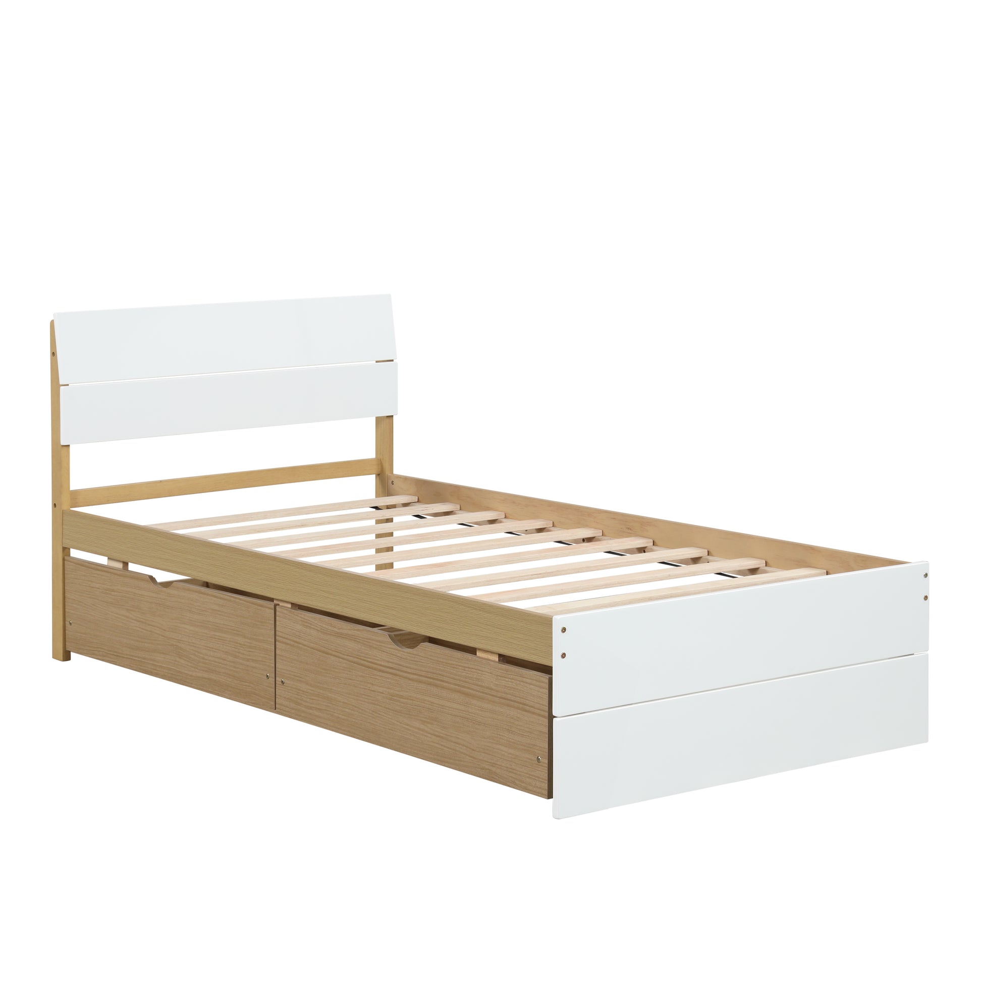 Modern Twin Bed Frame With 2 Drawers For White High Gloss Headboard And Footboard With Light Oak Color Box Spring Not Required Twin White Light Oak Bedroom Bed Frame Mdf,Rubber Wood