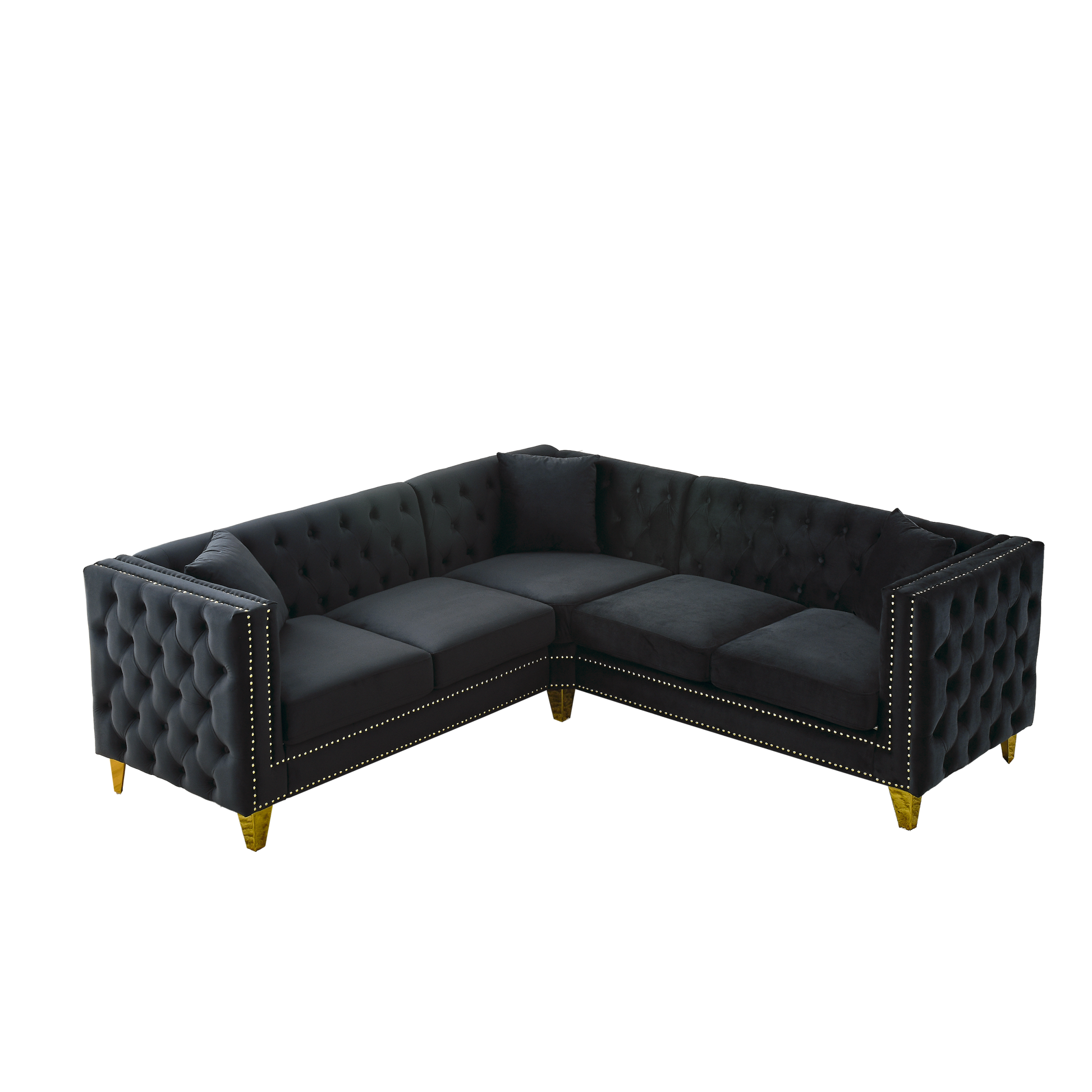 82.2 Inch Velvet Corner Sofa, L Shaped Sectional Couch, 5 Seater Corner Sofas With 3 Cushions For Living Room, Bedroom, Apartment, Office Black Foam Velvet