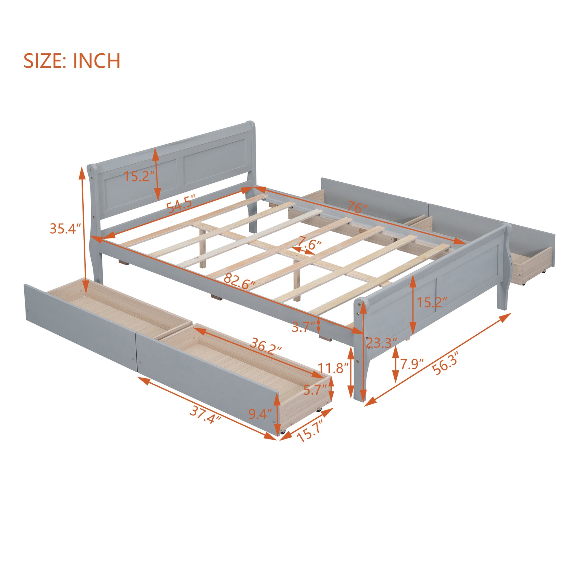Full Size Wood Platform Bed With 4 Drawers And Streamlined Headboard & Footboard, Gray Gray Solid Wood Mdf