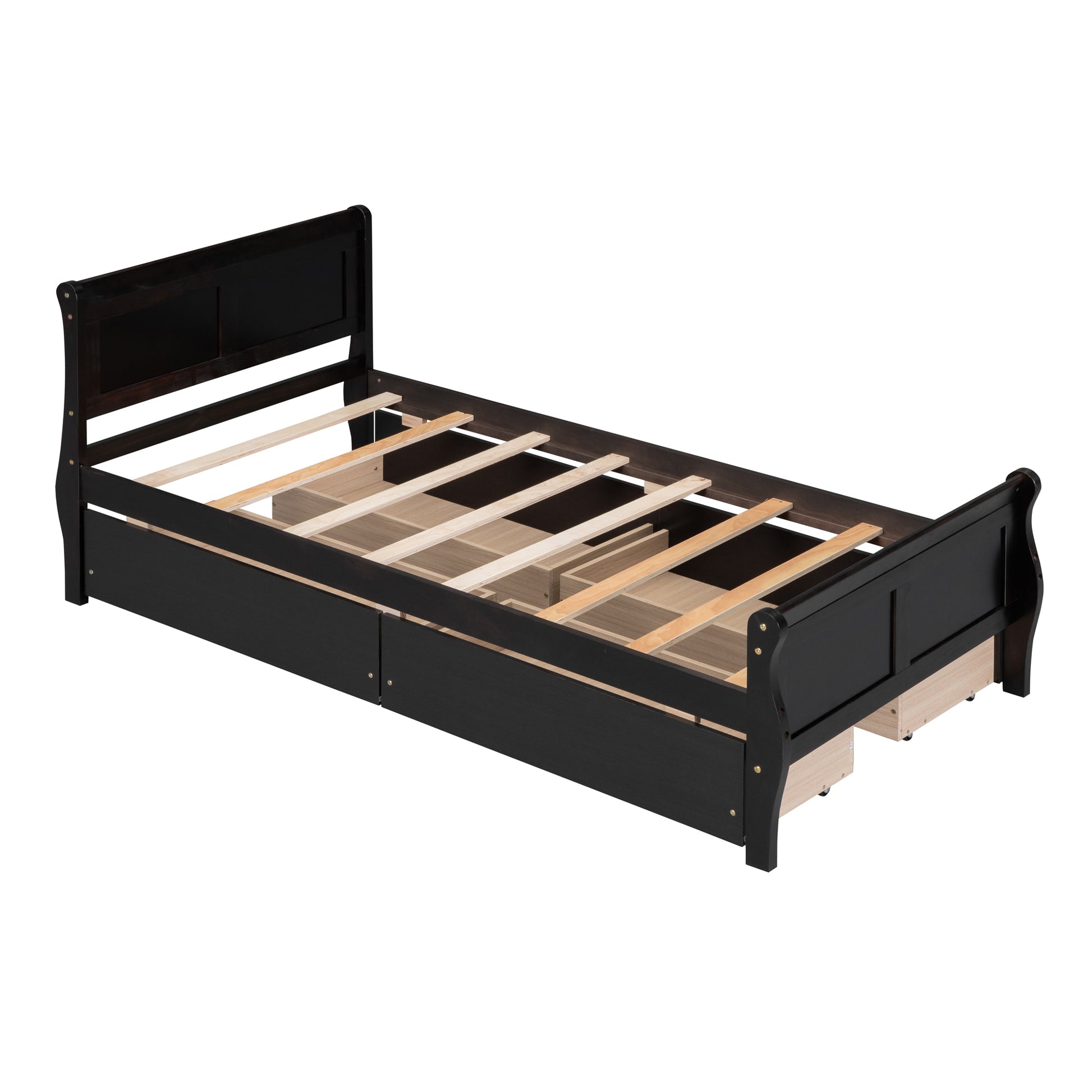 Twin Size Wood Platform Bed With 4 Drawers And Streamlined Headboard & Footboard, Espresso Espresso Solid Wood Mdf