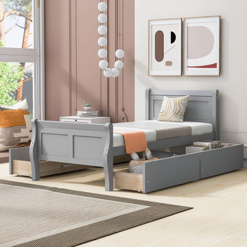 Twin Size Wood Platform Bed With 4 Drawers And Streamlined Headboard & Footboard, Gray Gray Solid Wood Mdf