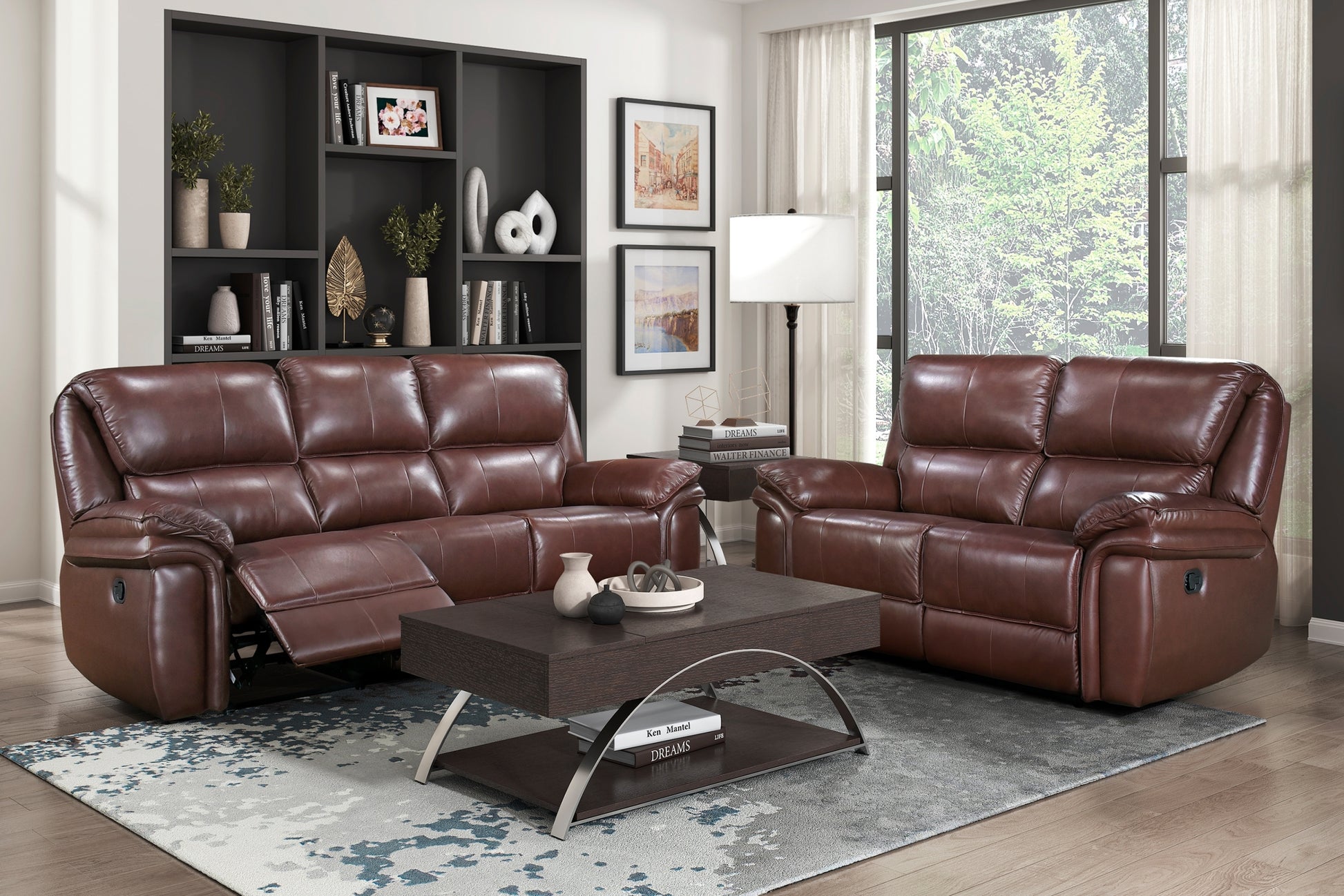 Double Reclining Sofa Brown Leather Luxurious Comfort Style Living Room Furniture 1Pc Brown Genuine Leather Wood Primary Living Space Modern,Transitional Pillow Top Arms Solid Wood