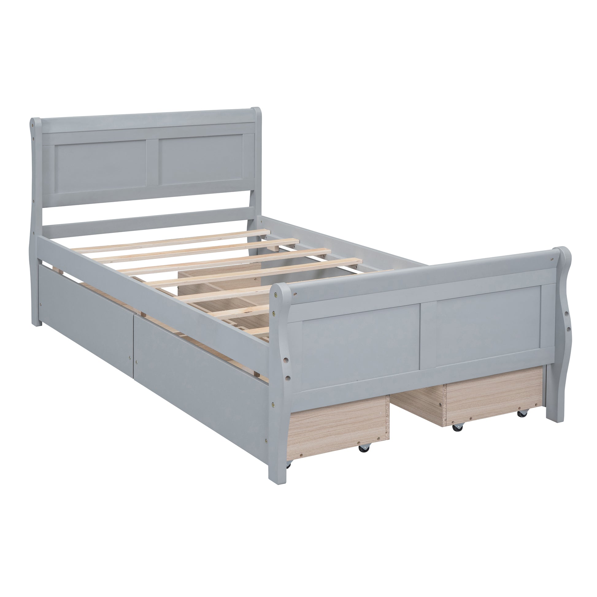 Twin Size Wood Platform Bed With 4 Drawers And Streamlined Headboard & Footboard, Gray Gray Solid Wood Mdf