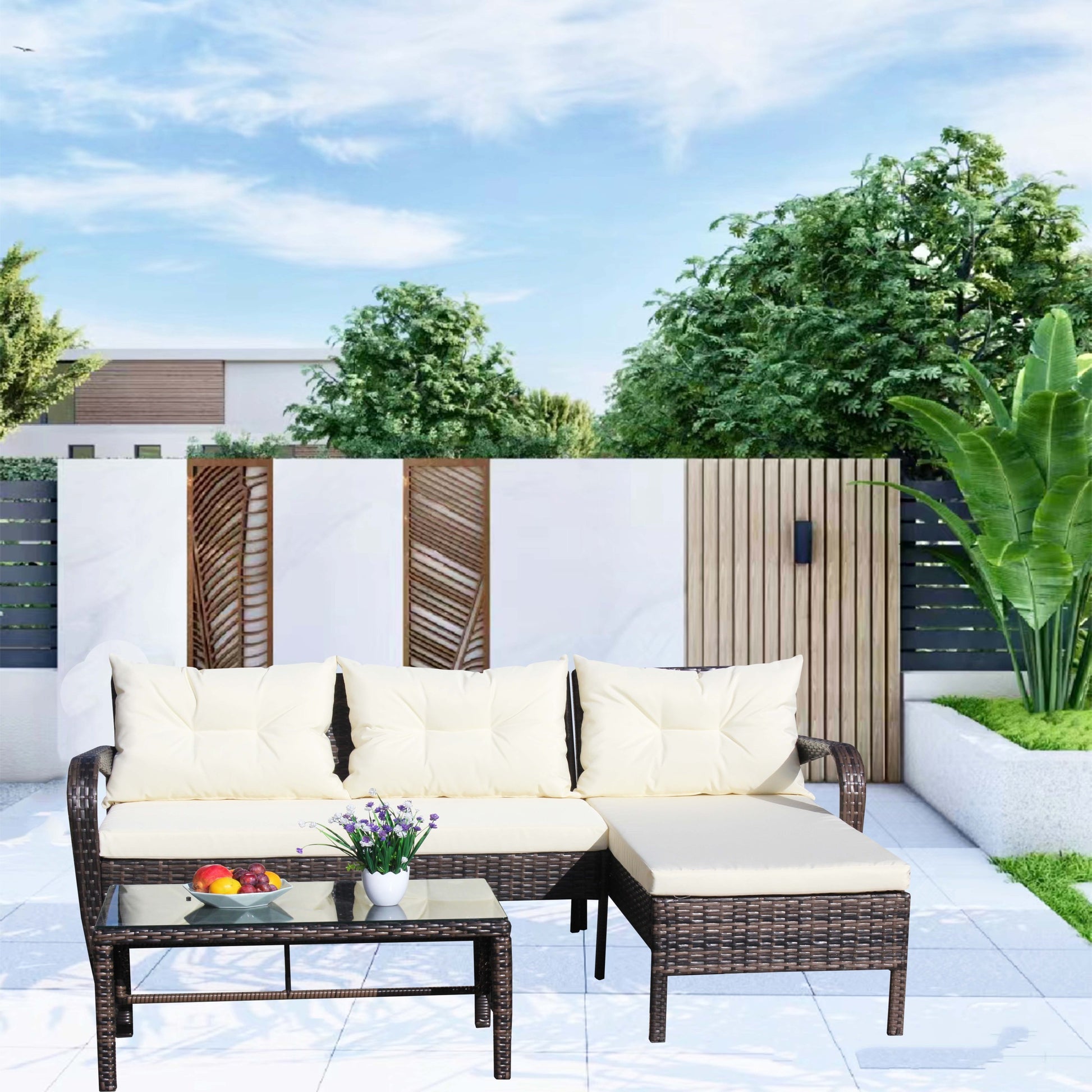 Outdoor Patio Furniture Sets 3 Piece Conversation Set Wicker Ratten Sectional Sofa With Seat Cushions Beige Cushion Brown Rattan