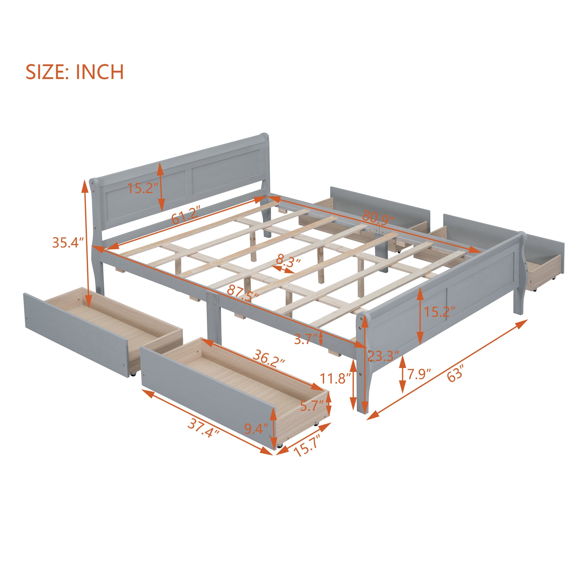 Queen Size Wood Platform Bed With 4 Drawers And Streamlined Headboard & Footboard, Gray Queen Gray Solid Wood Mdf