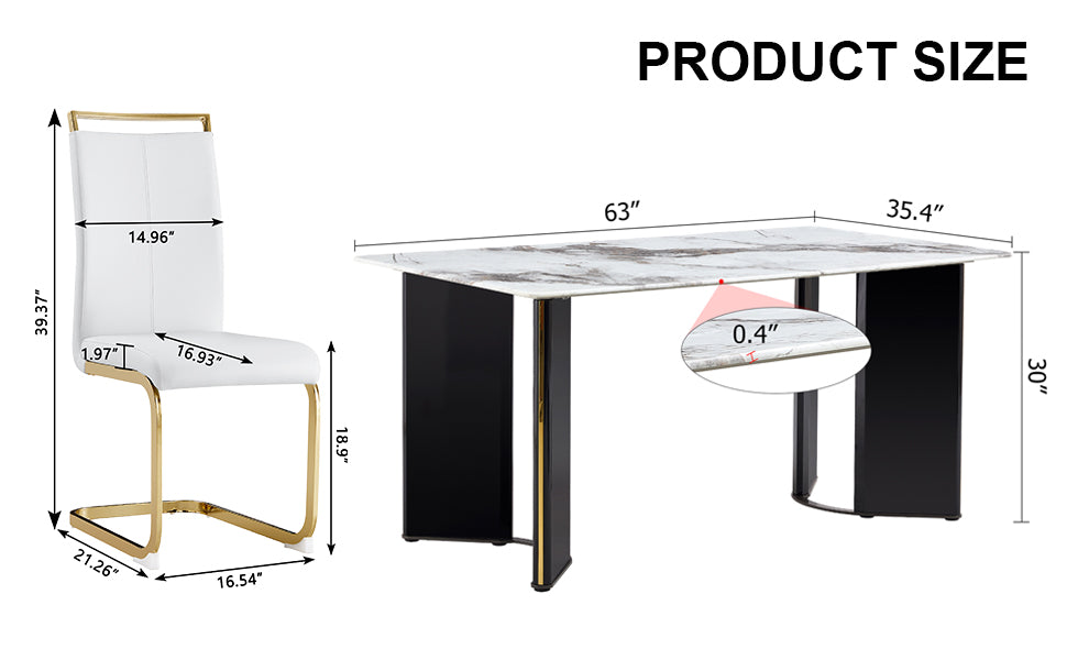 Table And Chair Set. 1 Table And 4 White Pu Backrest Cushions With Gold Metal Leg Chairs . A Rectangular White Imitation Marble Desktop With Mdf Legs And Gold Metal Decorative Strips. Hh1162 White Mdf Glass