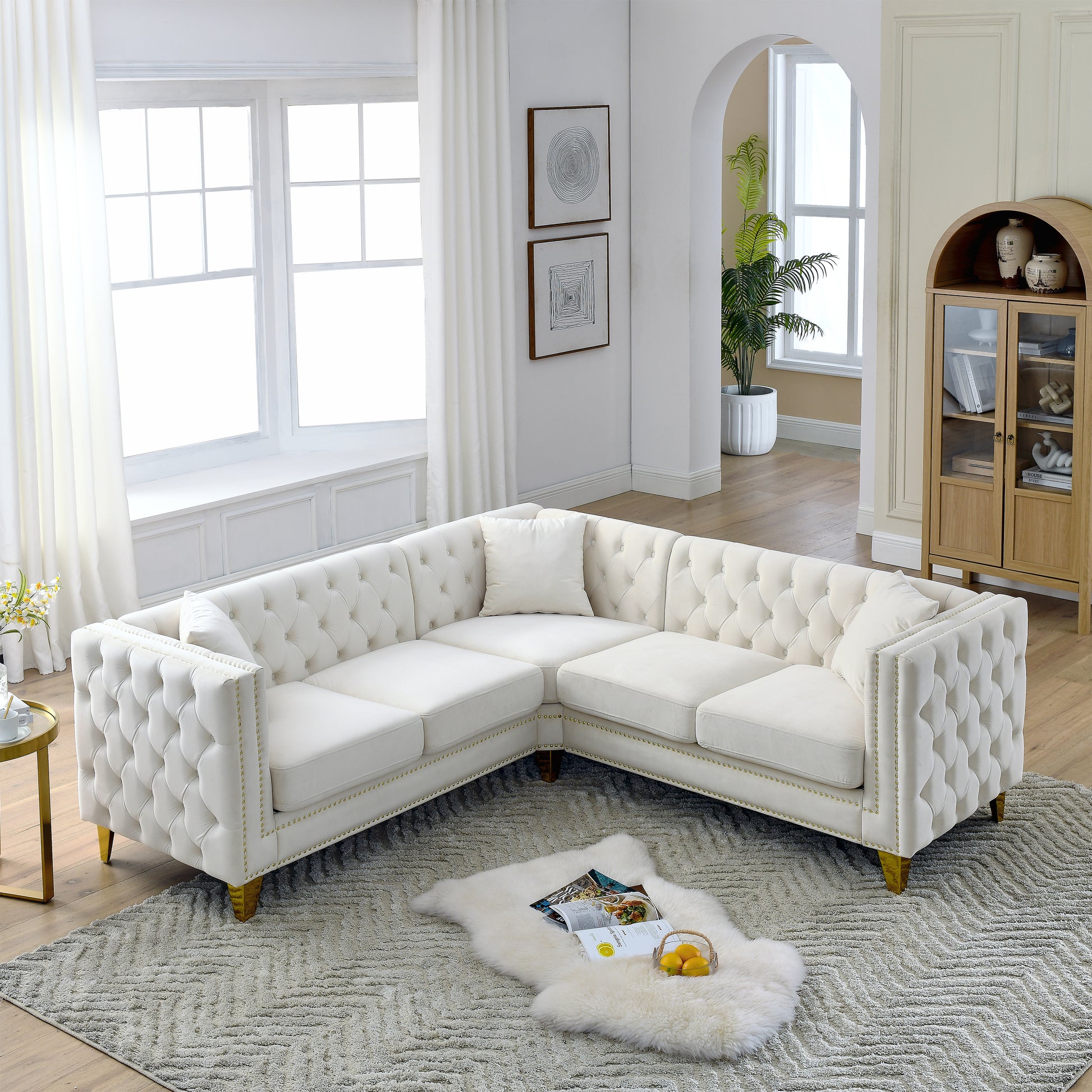 82.2 Inch Velvet Corner Sofa, L Shaped Sectional Couch, 5 Seater Corner Sofas With 3 Cushions For Living Room, Bedroom, Apartment, Office Beige Foam Velvet