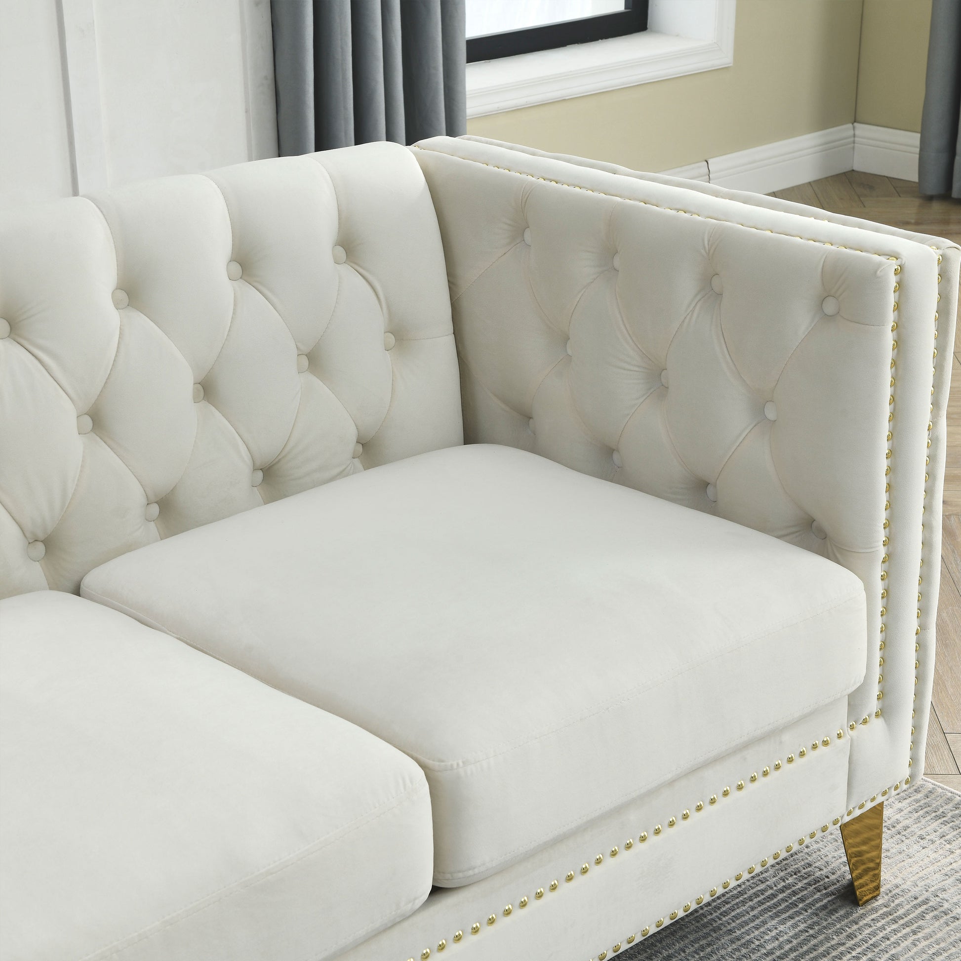 82.2 Inch Velvet Corner Sofa, L Shaped Sectional Couch, 5 Seater Corner Sofas With 3 Cushions For Living Room, Bedroom, Apartment, Office Beige Foam Velvet