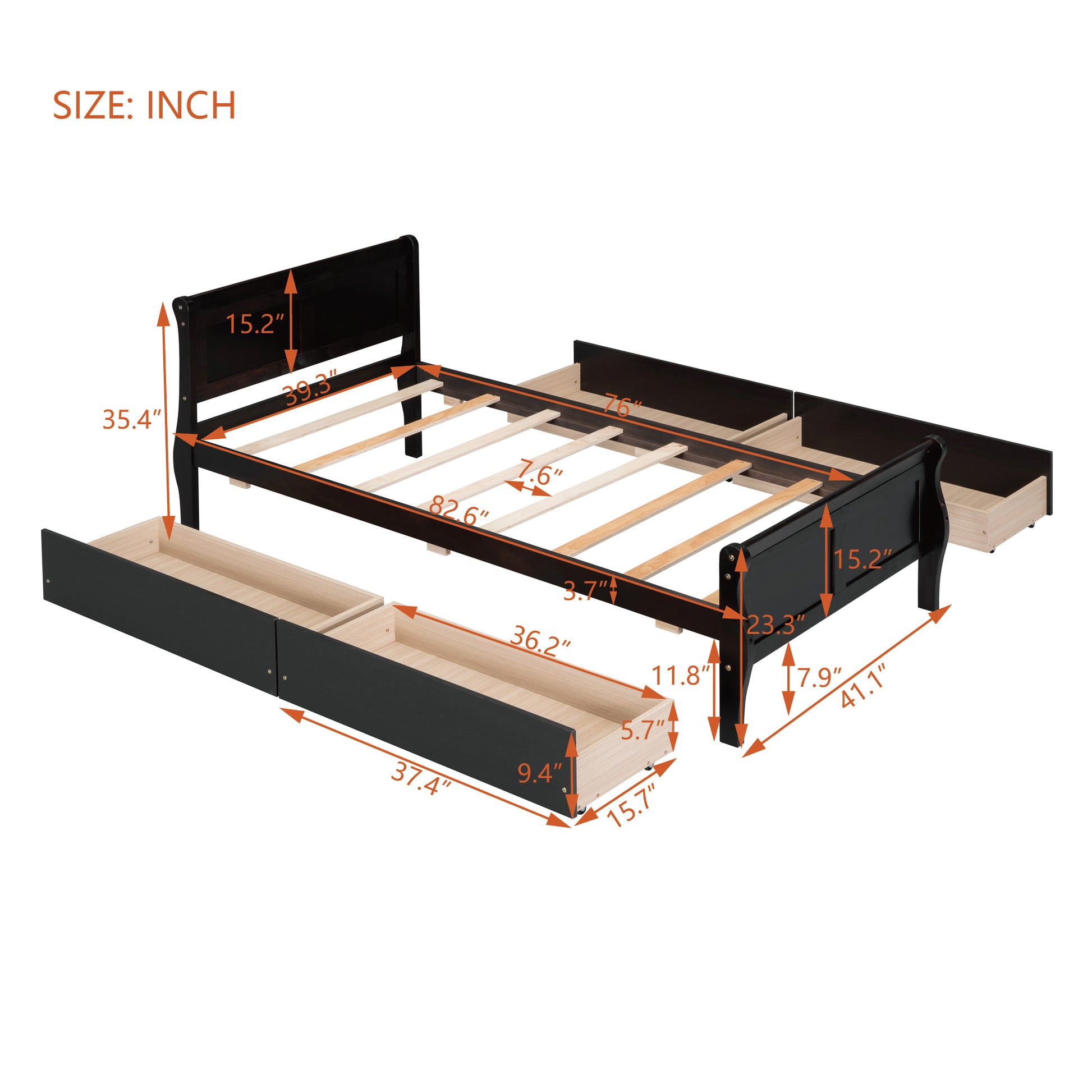 Twin Size Wood Platform Bed With 4 Drawers And Streamlined Headboard & Footboard, Espresso Espresso Solid Wood Mdf